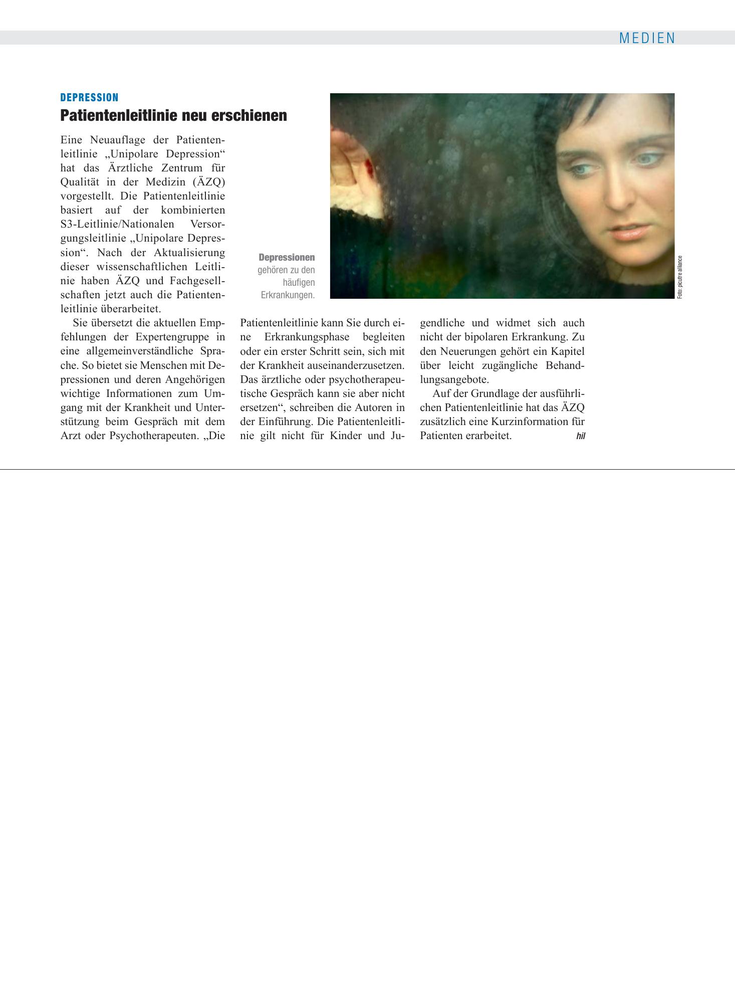 Vorschauseite 1: Depression: Patientenleitlinie neu erschienen – Deutsches Ärzteblatt