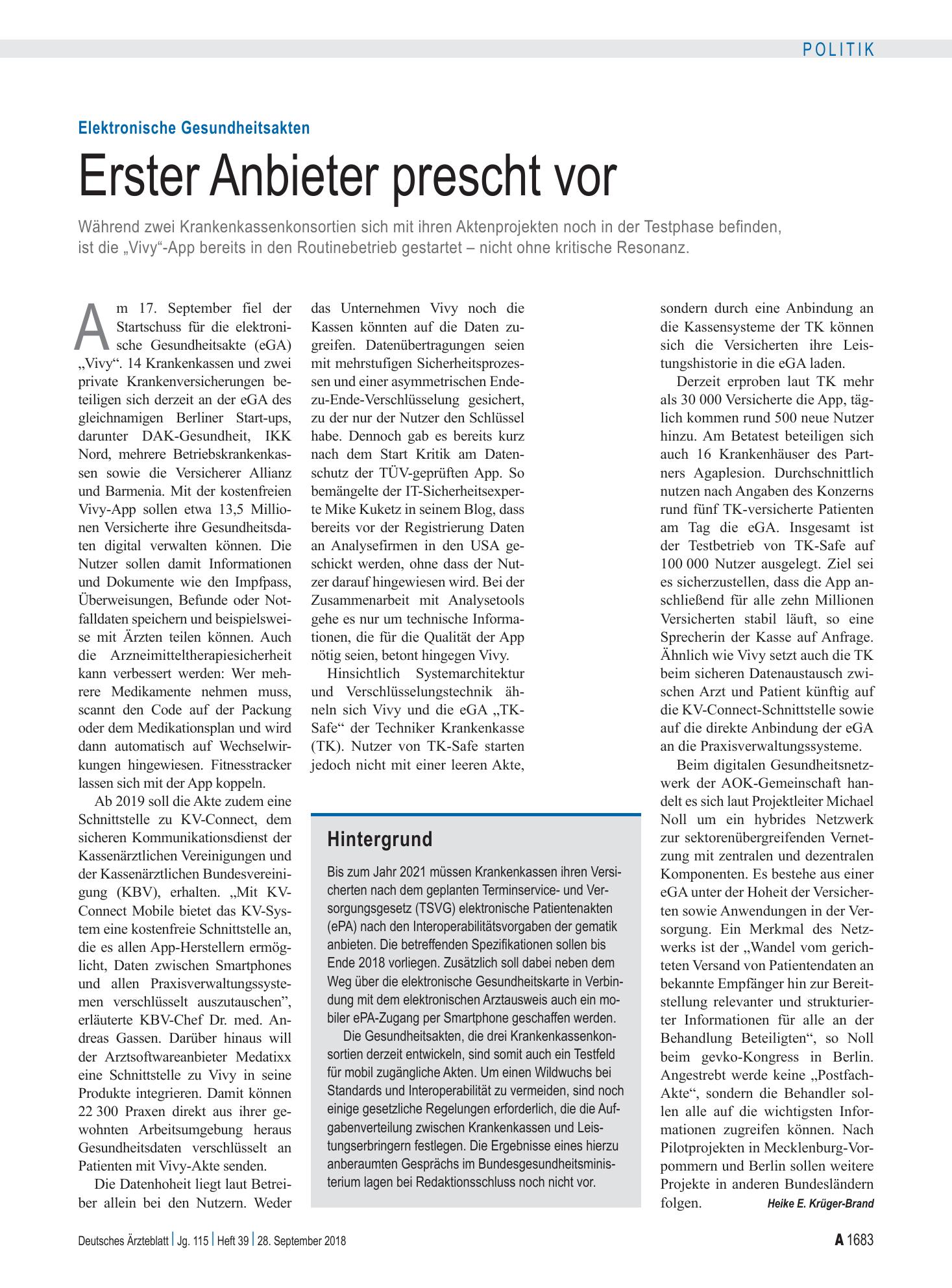 Vorschauseite 1: Elektronische Gesundheitsakten: Erster Anbieter prescht vor – Deutsches Ärzteblatt