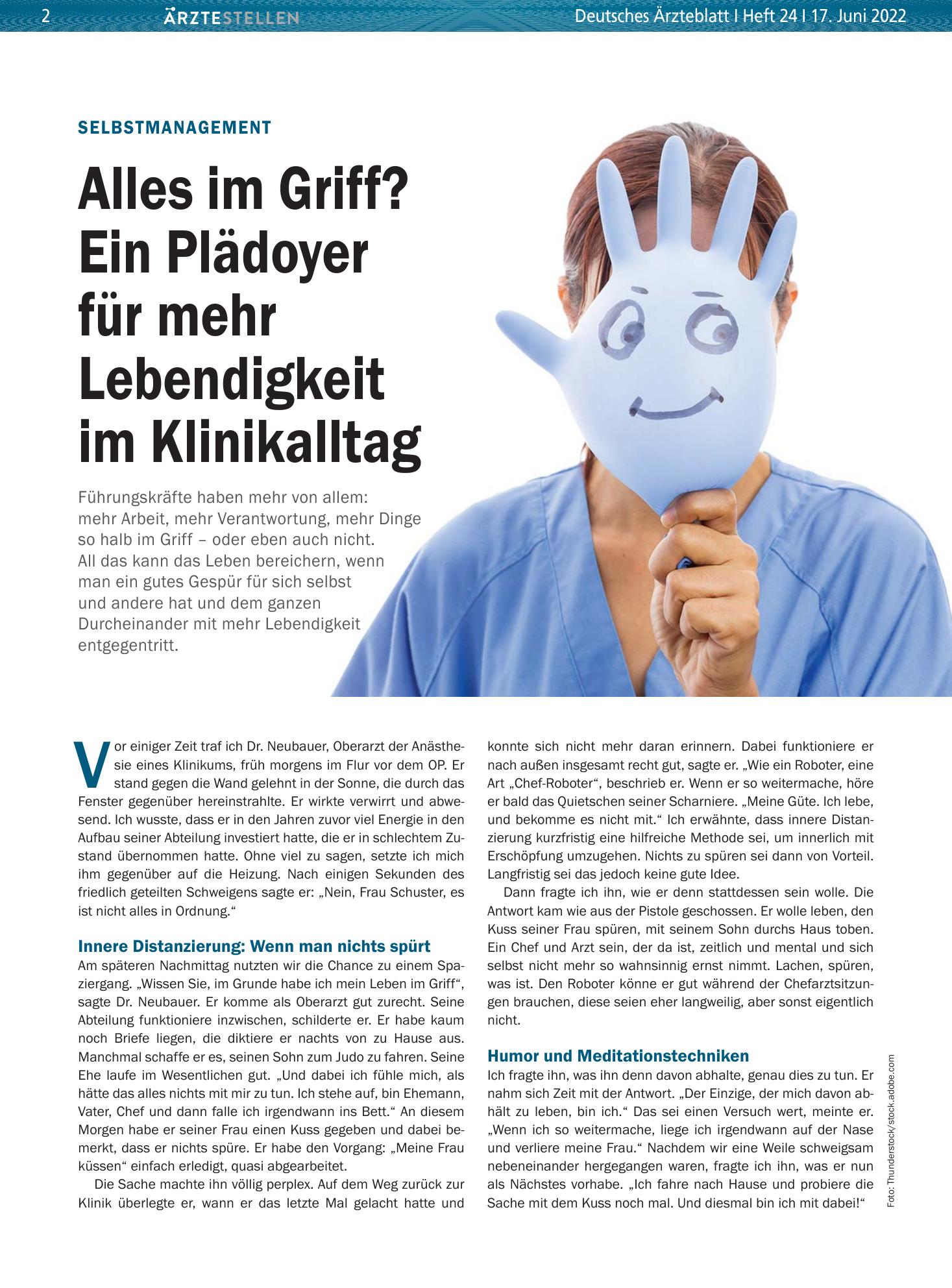 Vorschauseite 1: Selbstmanagement: Alles im Griff? Ein Plädoyer für mehr Lebendigkeit im Klinikalltag – Deutsches Ärzteblatt