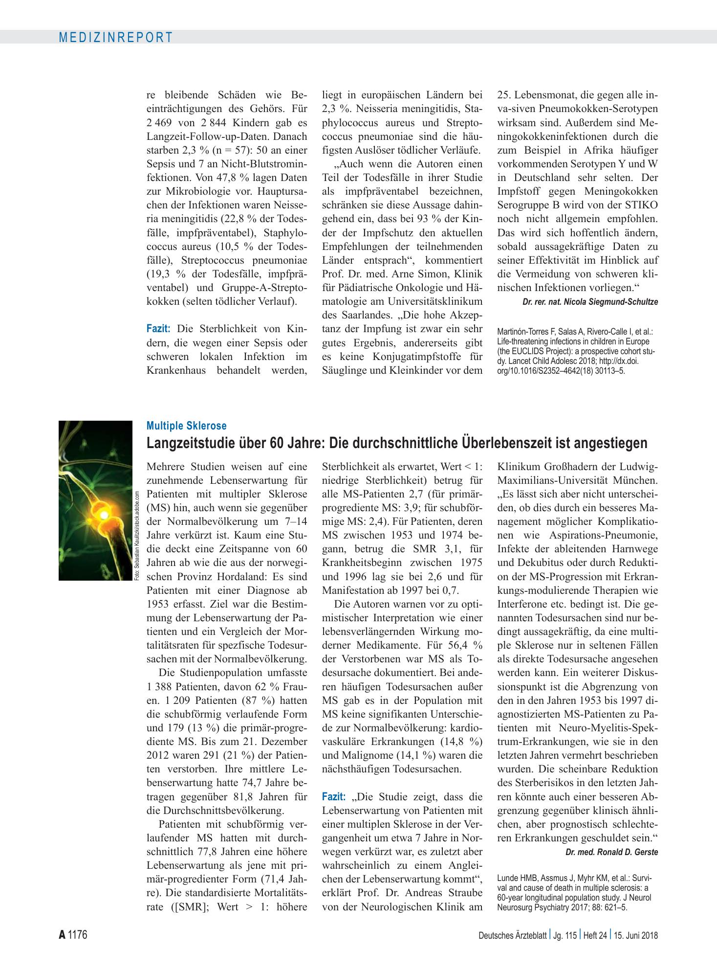 Vorschauseite 1: Multiple Sklerose: Langzeitstudie über 60 Jahre: Die durchschnittliche Überlebenszeit ist angestiegen – Deutsches Ärzteblatt
