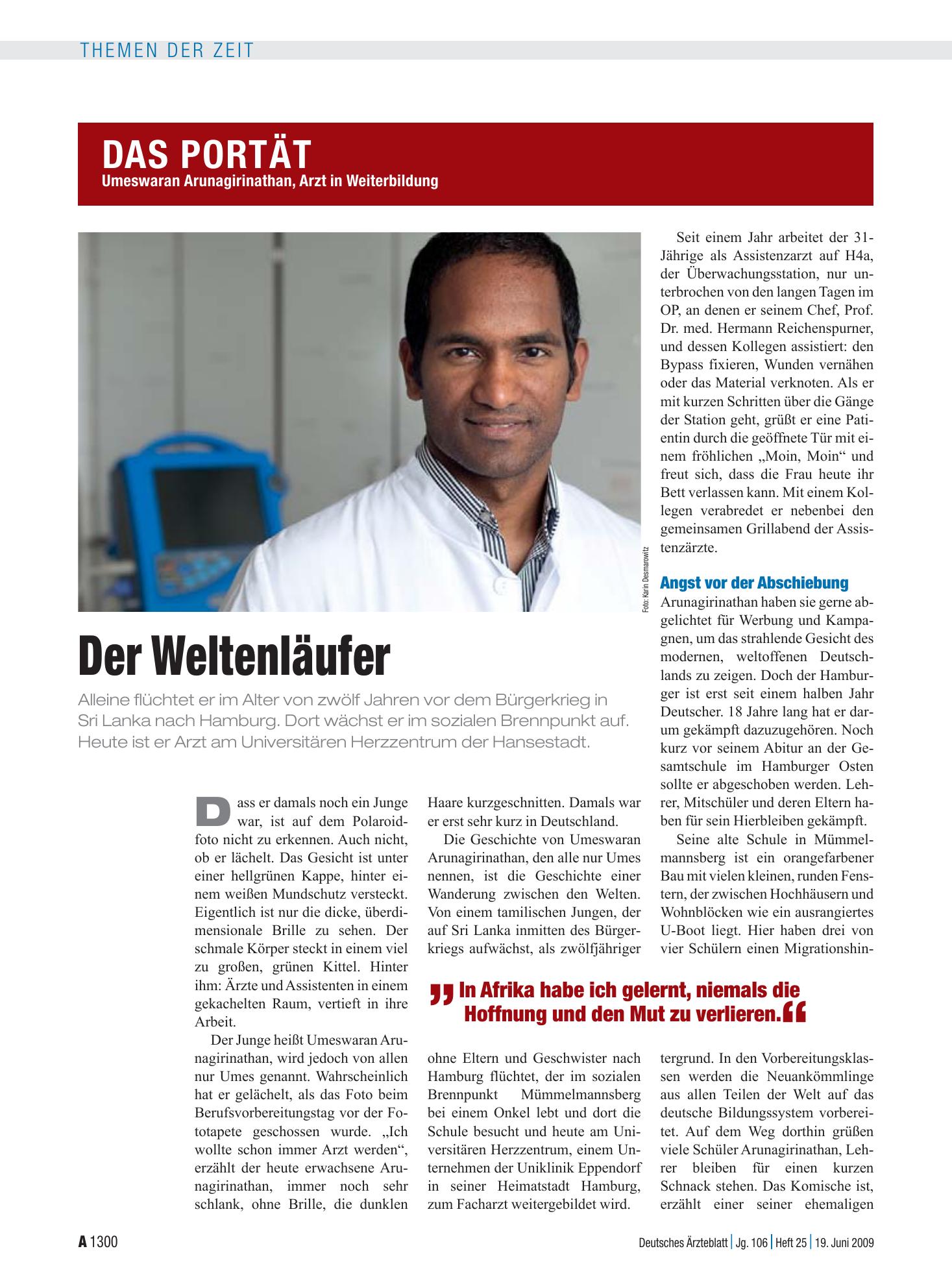 Vorschauseite 1: Der Weltenläufer: Umeswaran Arunagirinathan, Arzt in Weiterbildung – Deutsches Ärzteblatt