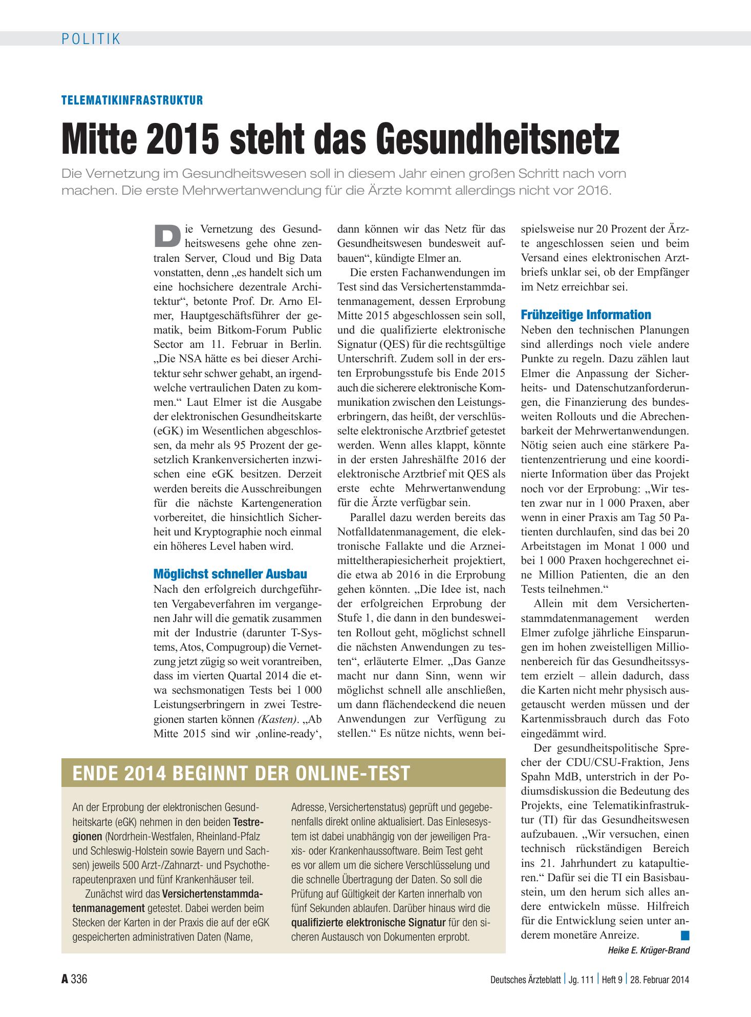 Vorschauseite 1: Telematikinfrastruktur: Mitte 2015 steht das Gesundheitsnetz – Deutsches Ärzteblatt