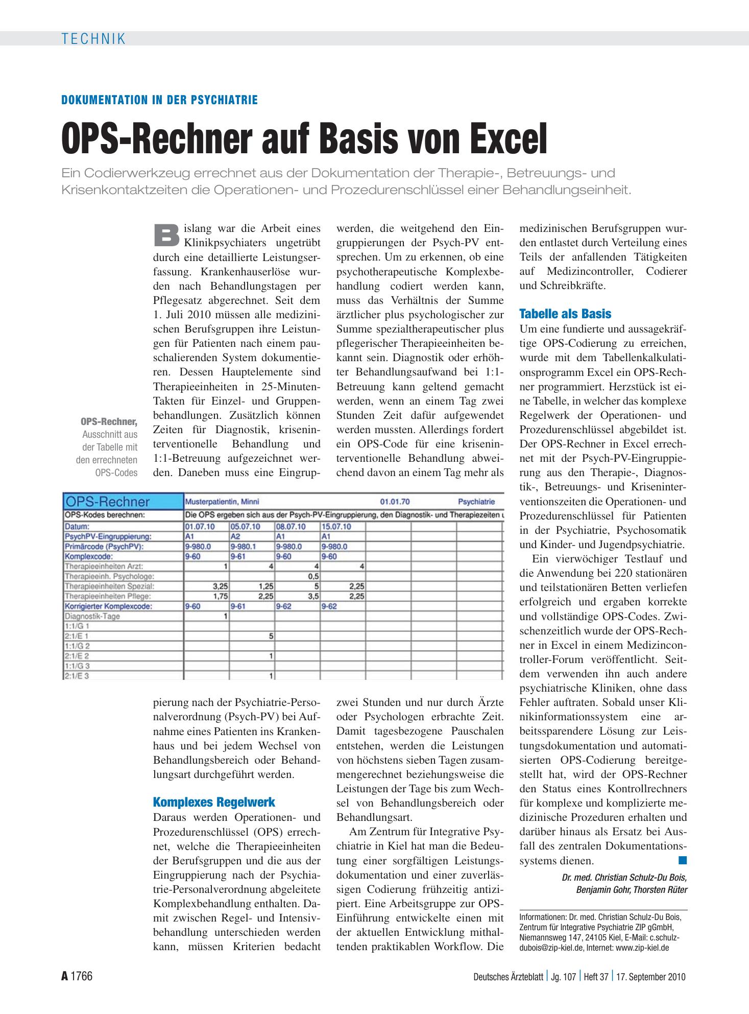 Vorschauseite 1: Dokumentation in der Psychiatrie: OPS-Rechner auf Basis von Excel – Deutsches Ärzteblatt
