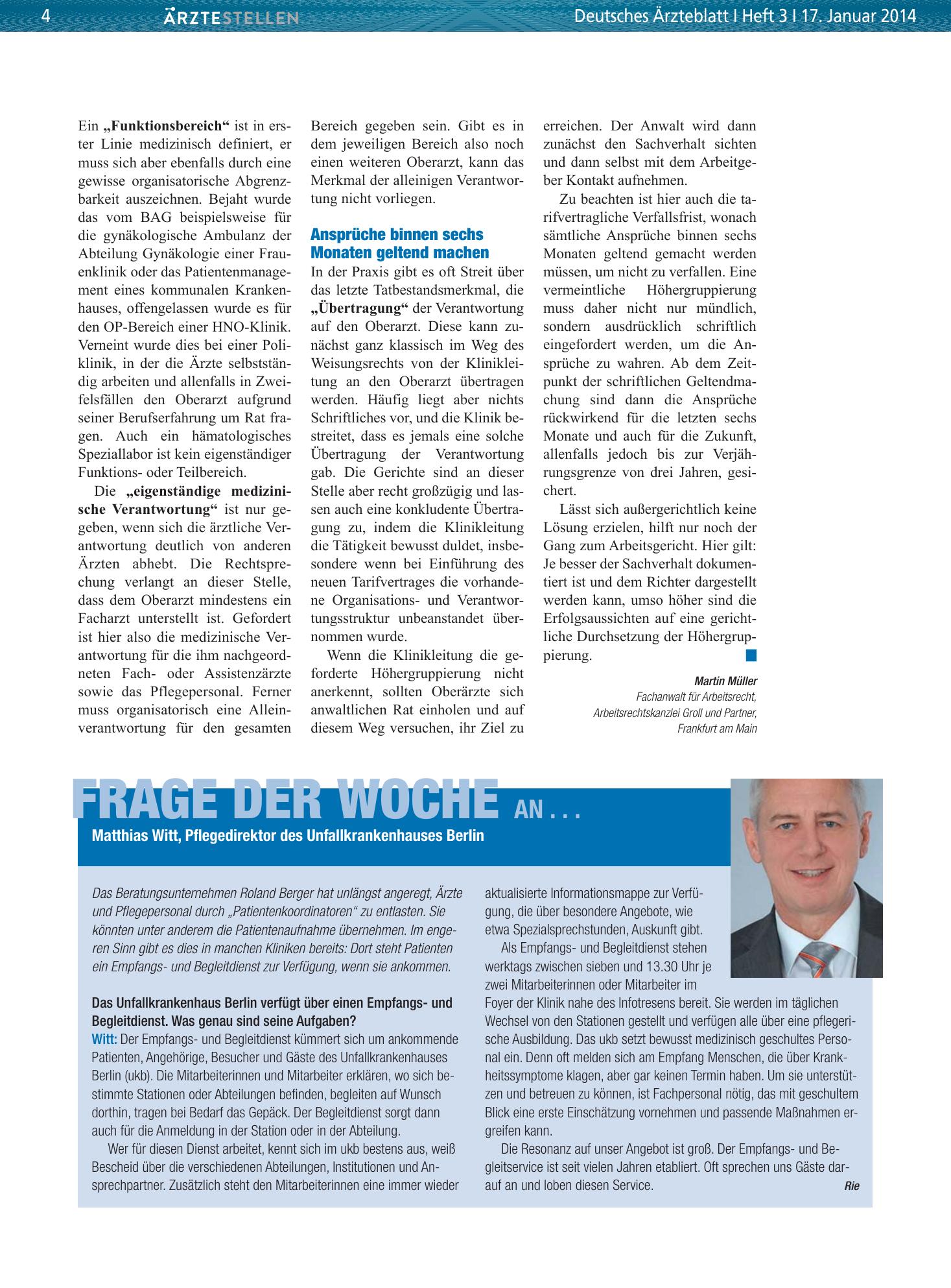 Vorschauseite 1: Frage der Woche an . . . Matthias Witt, Pflegedirektor des Unfallkrankenhauses Berlin – Deutsches Ärzteblatt