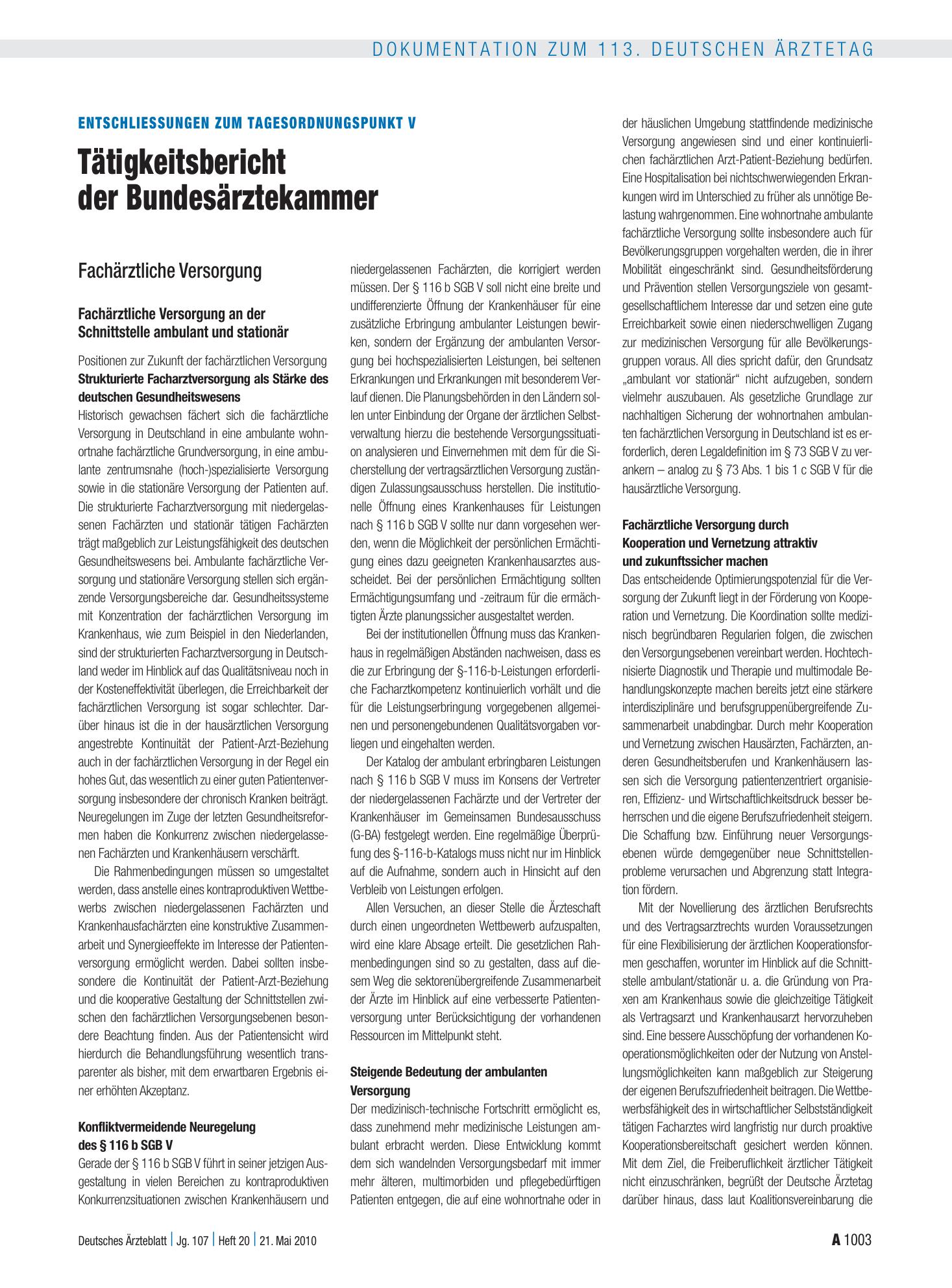 Vorschauseite 1: Entschliessungen zum Tagesordnungspunkt V: Tätigkeitsbericht der Bundesärztekammer – Deutsches Ärzteblatt