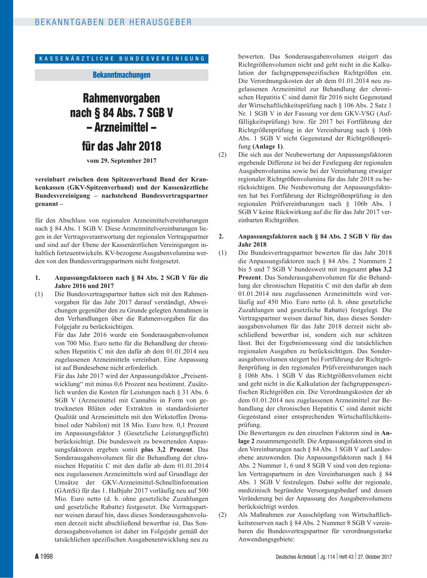 Vorschauseite 1: Rahmenvorgaben nach § 84 Abs. 7 SGB V – Arzneimittel – für das Jahr 2018 – Deutsches Ärzteblatt