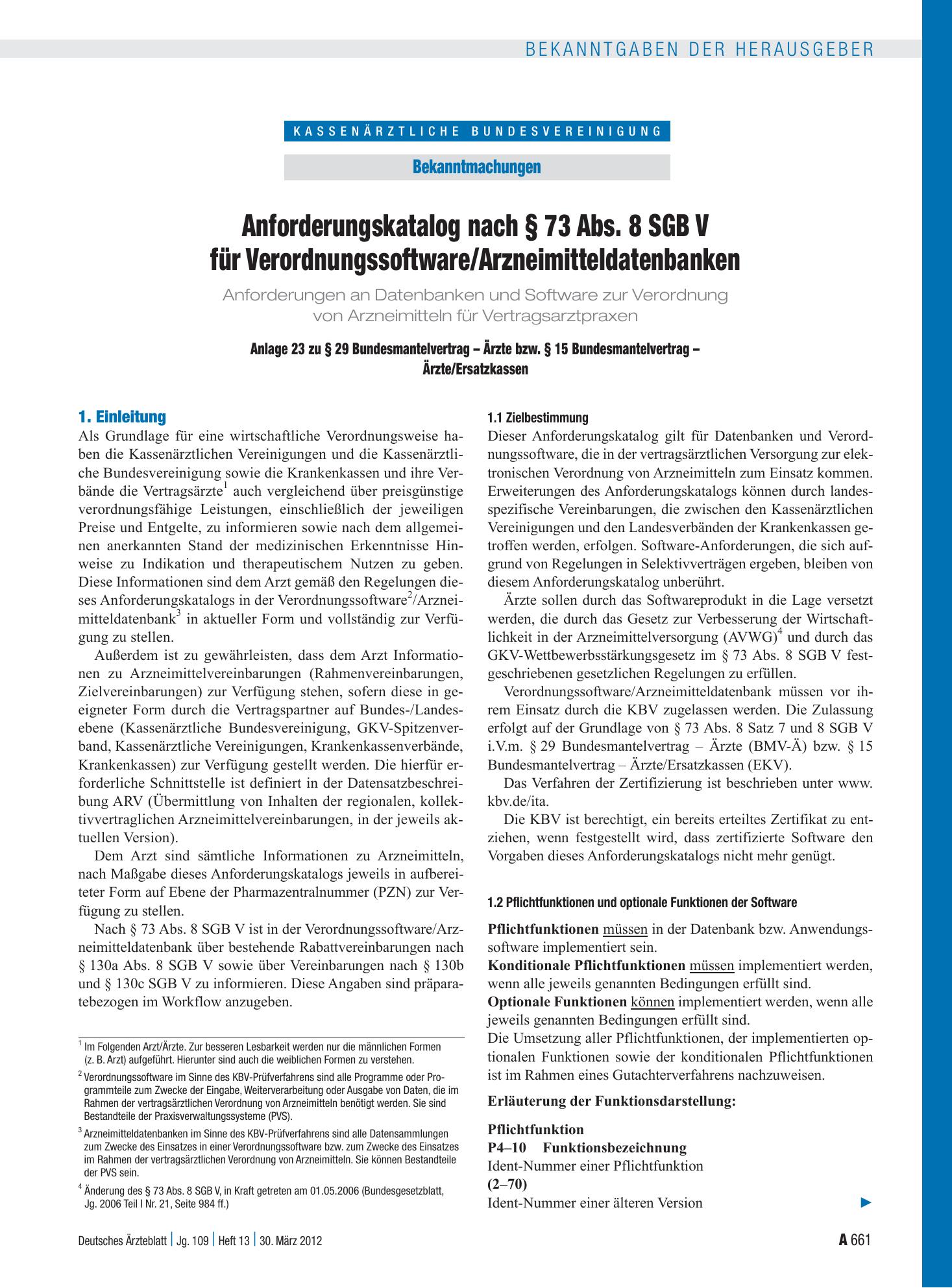Vorschauseite 1: Anforderungskatalog nach § 73 Abs. 8 SGB V für Verordnungssoftware/Arzneimitteldatenbanken Anlage 23 zu § 29 Bundesmantelvertrag – Ärzte bzw. § 15 Bundesmantelvertrag – Ärzte/Ersa…