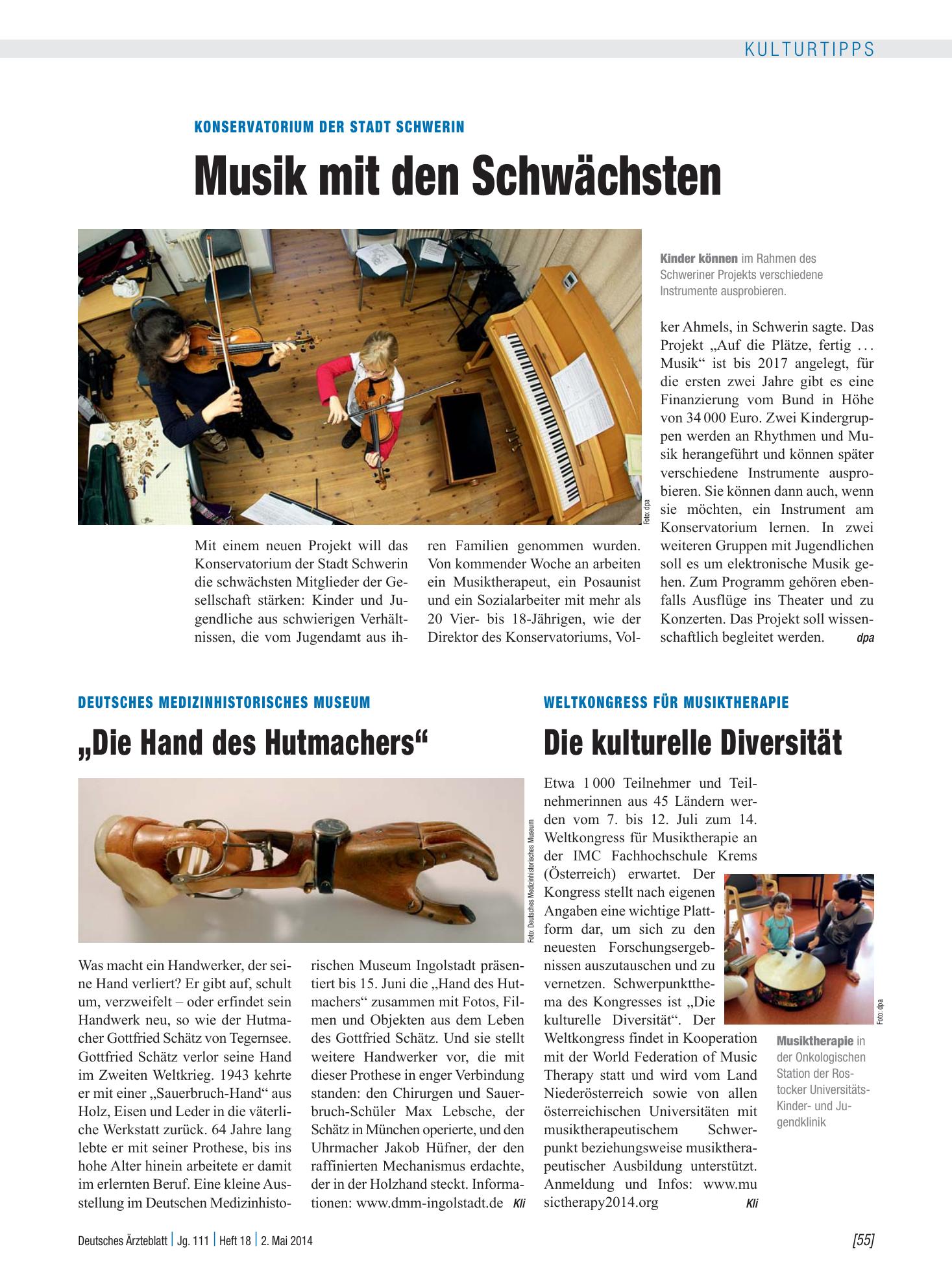 Vorschauseite 1: Weltkongress für Musiktherapie: Die kulturelle Diversität – Deutsches Ärzteblatt