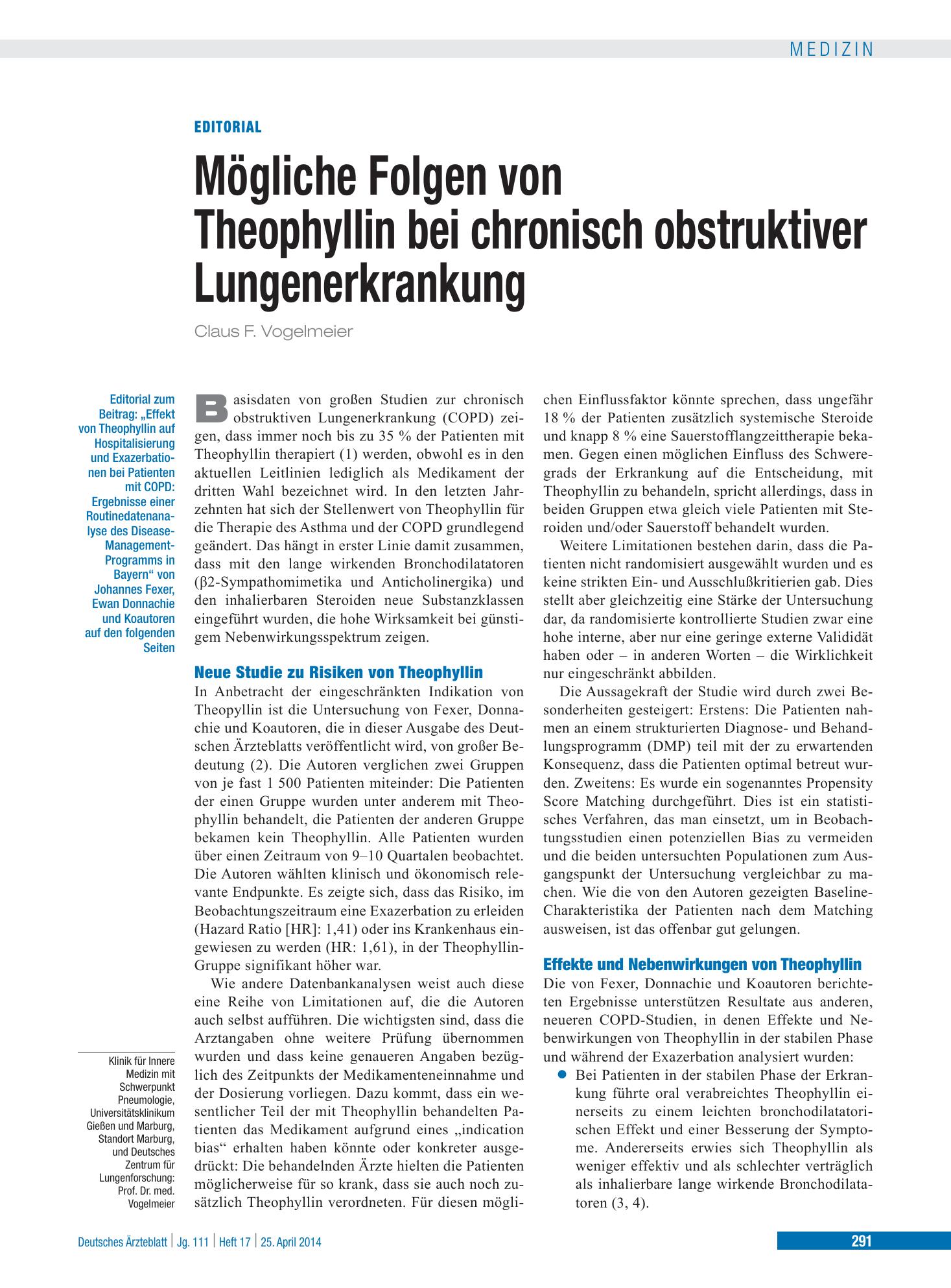Vorschauseite 1: Effekt von Theophyllin auf Hospitalisierung und Exazerbationen bei Patienten mit COPD – Deutsches Ärzteblatt
