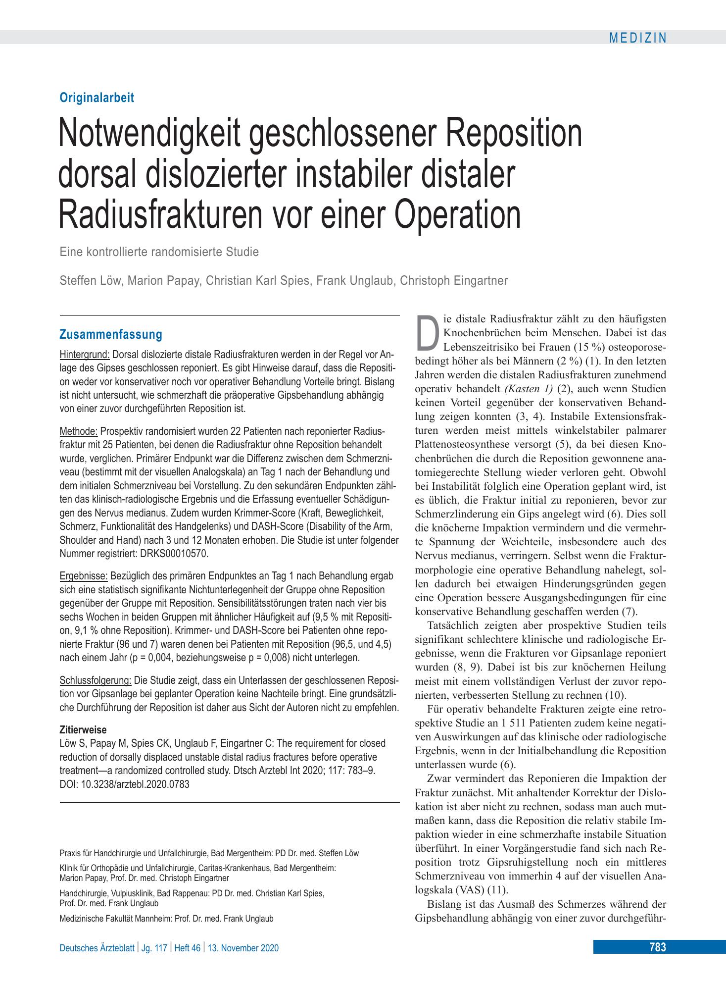 Vorschauseite 1: Notwendigkeit geschlossener Reposition dorsal dislozierter instabiler distaler Radiusfrakturen vor einer Operation – Deutsches Ärzteblatt