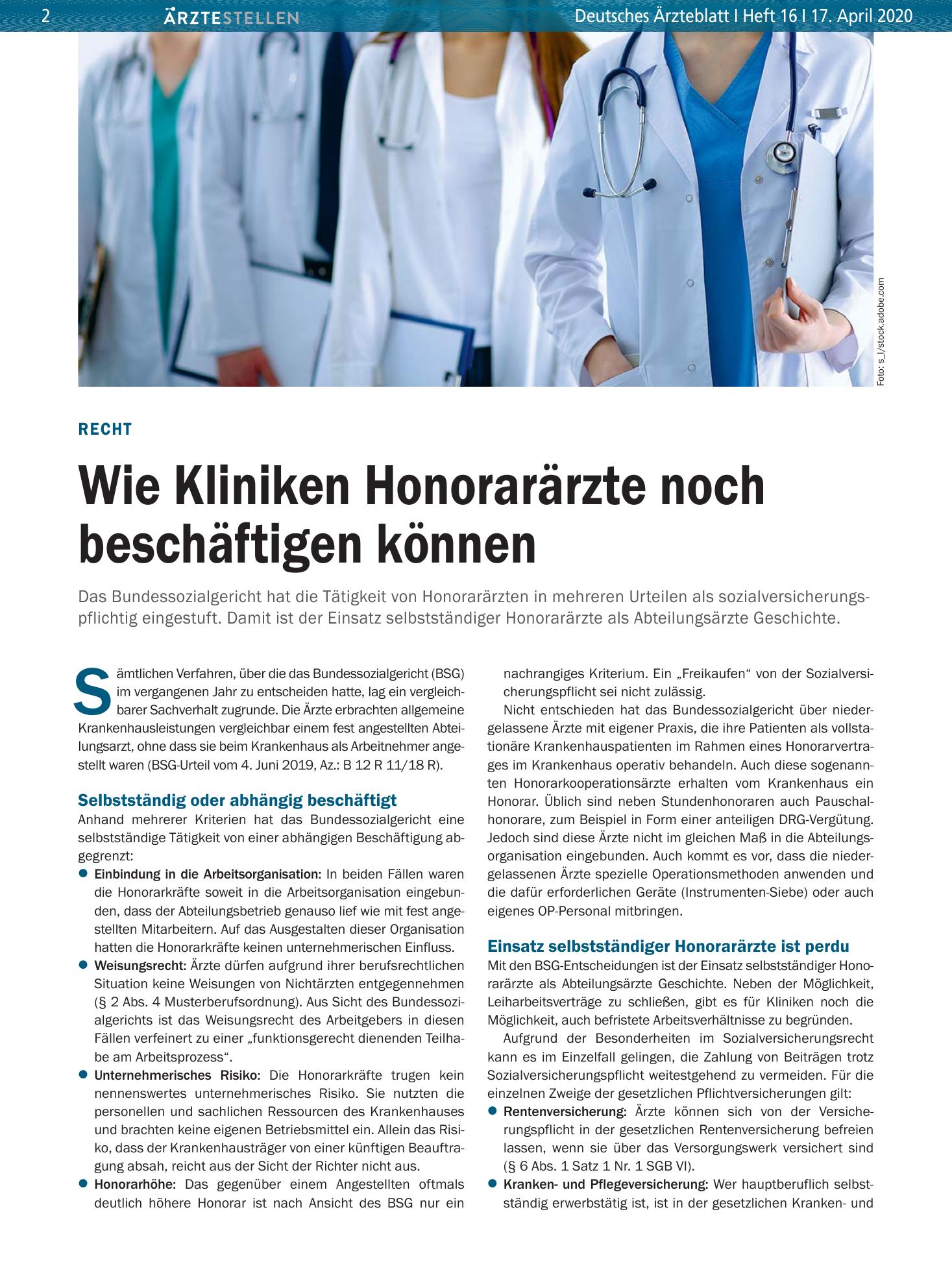 Vorschauseite 1: Recht: Wie Kliniken Honorarärzte noch beschäftigen können – Deutsches Ärzteblatt