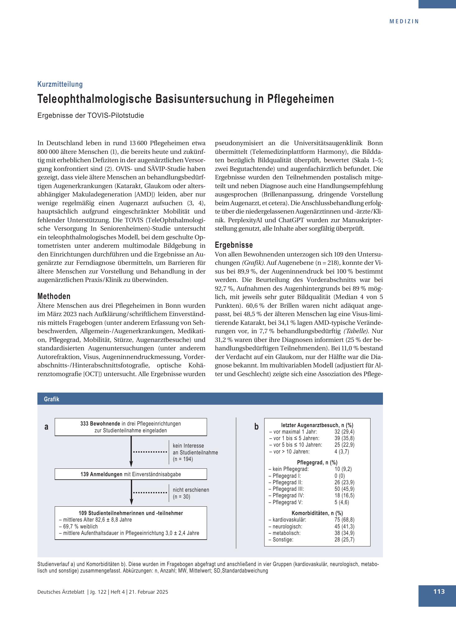 Vorschauseite 1: Teleophthalmologische Basisuntersuchung in Pflegeheimen – Deutsches Ärzteblatt