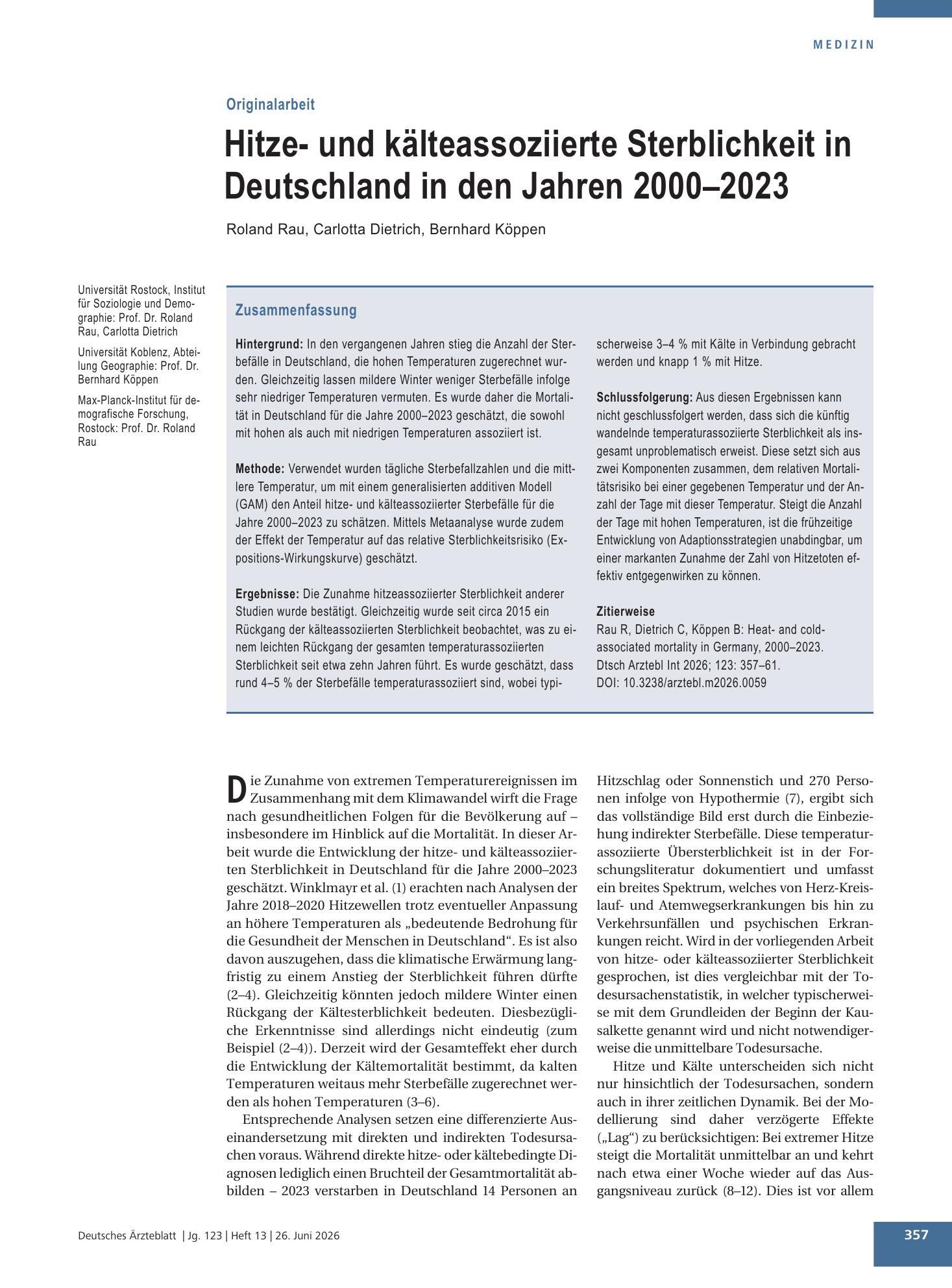 Vorschauseite 1: Hitze- und kälteassoziierte Sterblichkeit in Deutschland in den Jahren 2000–2023 – Deutsches Ärzteblatt