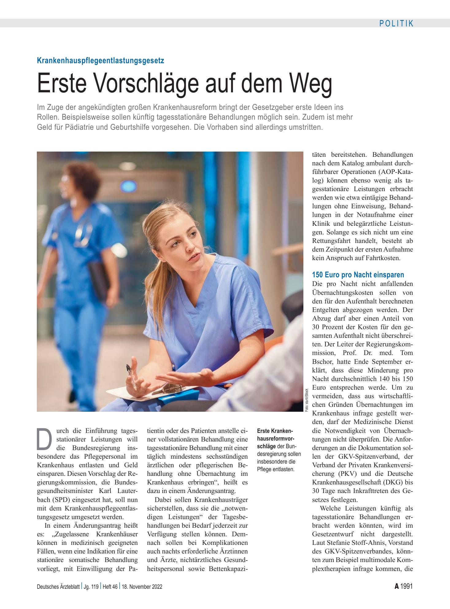 Vorschauseite 1: Krankenhauspflegeentlastungsgesetz: Erste Vorschläge auf dem Weg – Deutsches Ärzteblatt