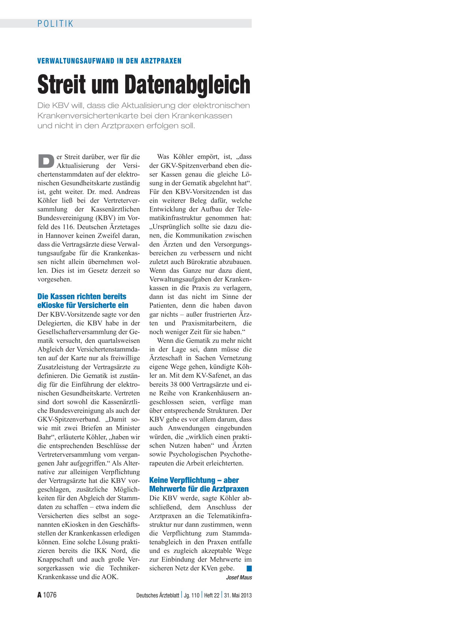 Vorschauseite 1: Verwaltungsaufwand in den Arztpraxen: Streit um Datenabgleich – Deutsches Ärzteblatt