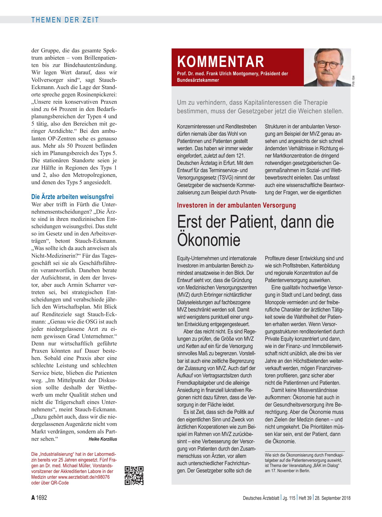 Vorschauseite 1: Investoren in der ambulanten Versorgung: Erst der Patient, dann die Ökonomie – Deutsches Ärzteblatt