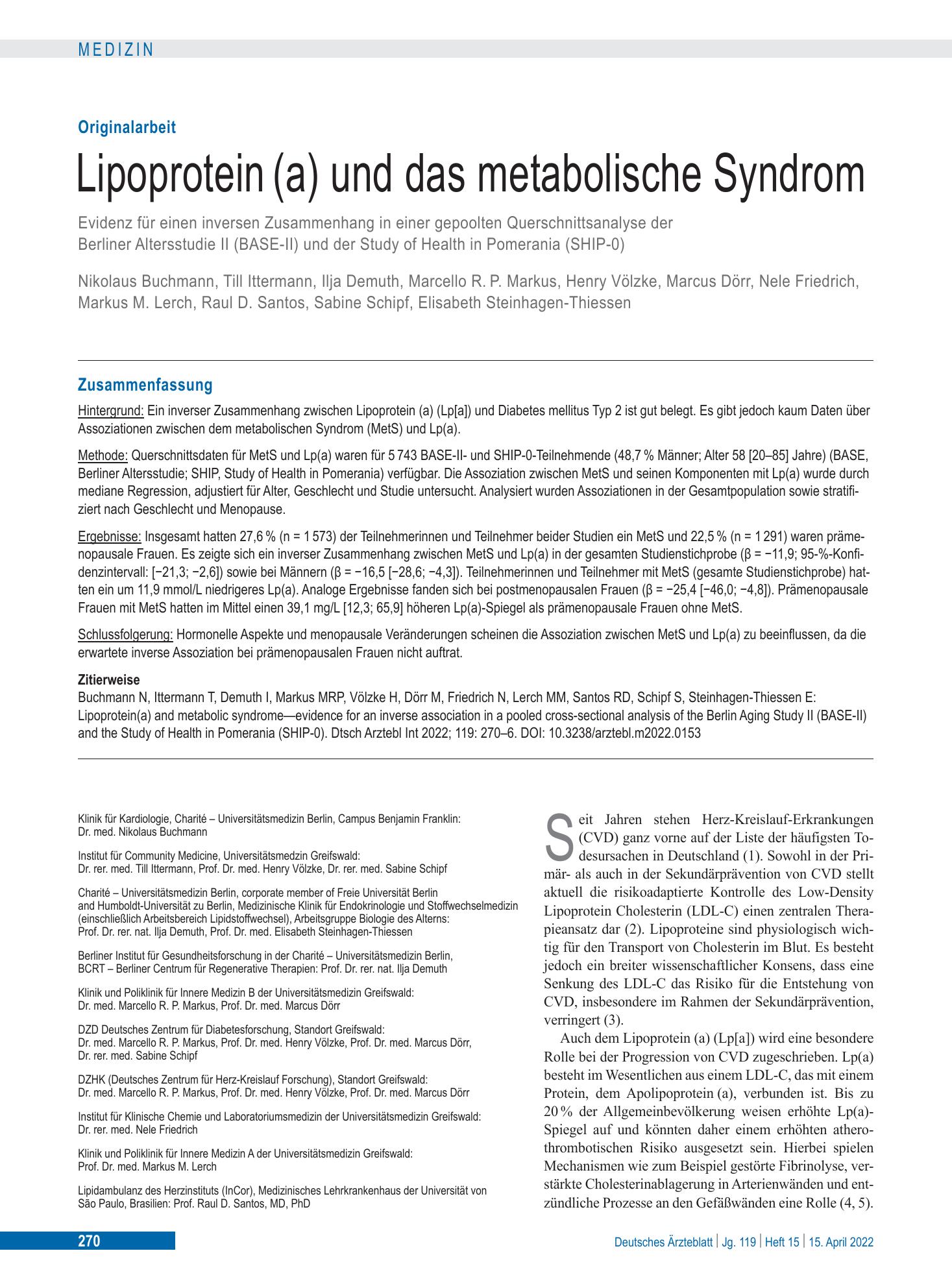 Vorschauseite 1: Lipoprotein (a) und das metabolische Syndrom – Deutsches Ärzteblatt