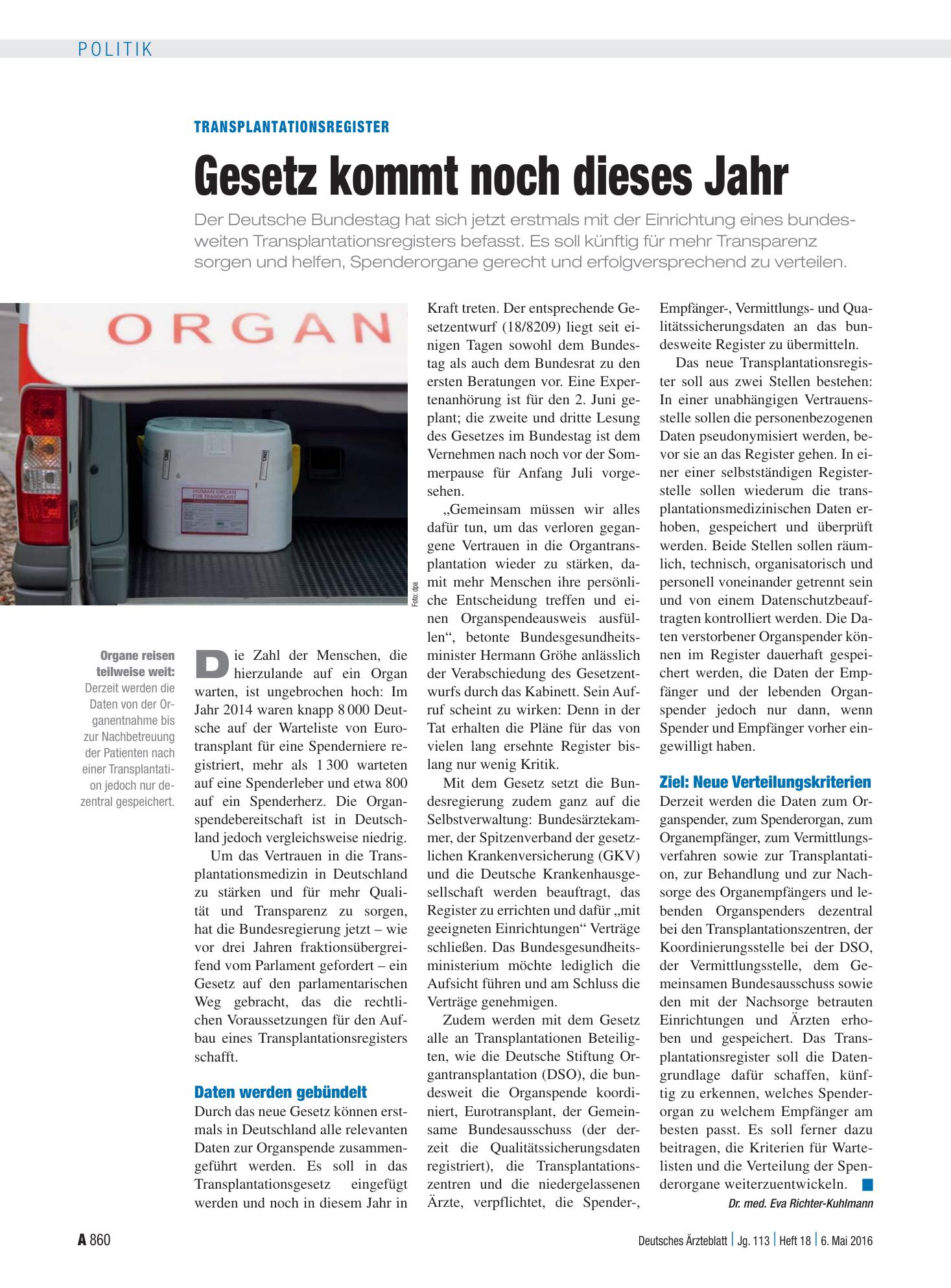 Vorschauseite 1: Transplantationsregister: Gesetz kommt noch dieses Jahr – Deutsches Ärzteblatt