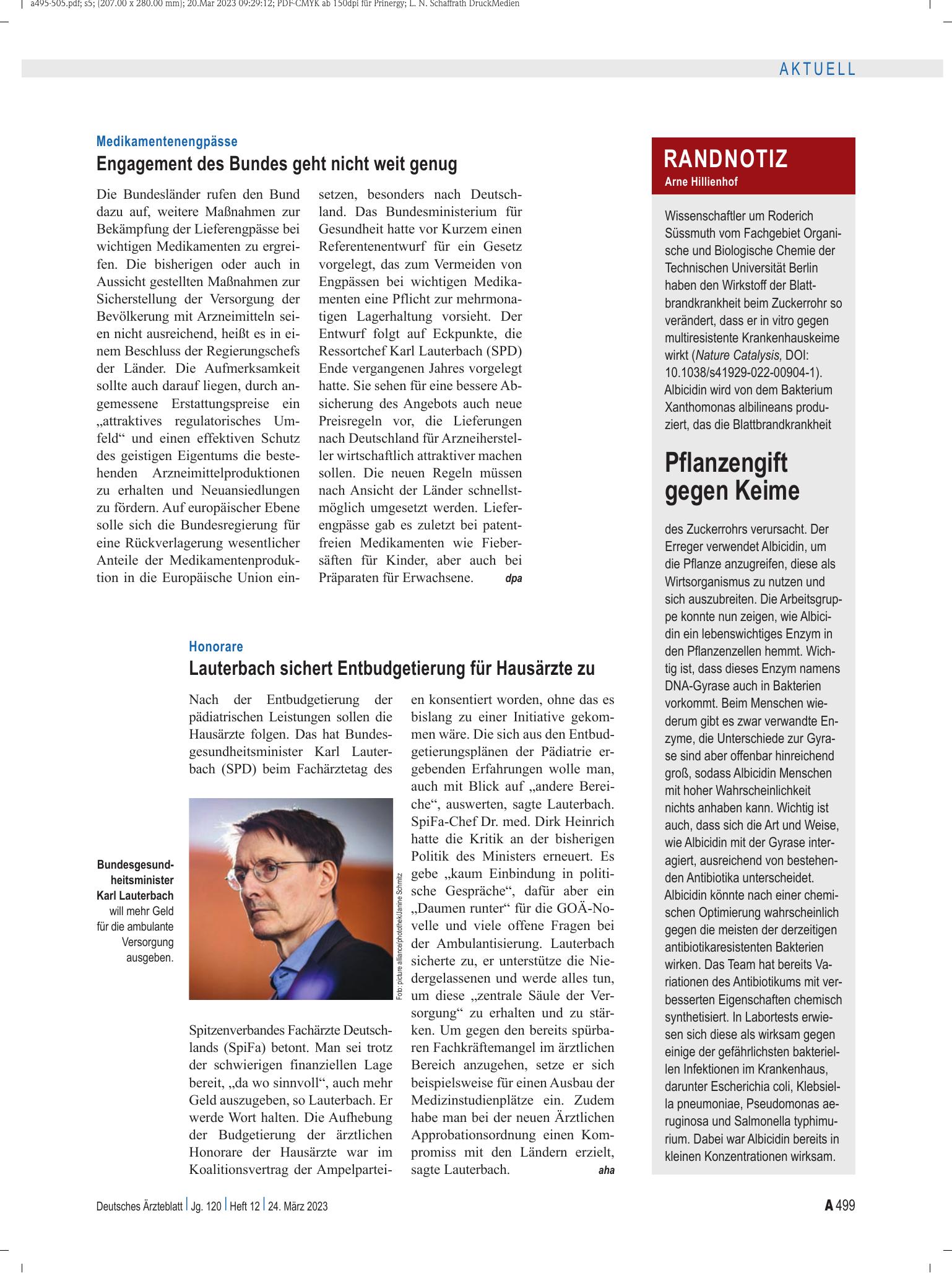Vorschauseite 1: Randnotiz: Pflanzengift gegen Keime – Deutsches Ärzteblatt