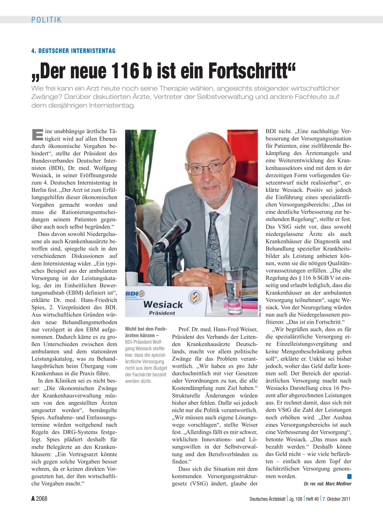 Vorschauseite 1: 4. Deutscher Internistentag: „Der neue 116 b ist ein Fortschritt“ – Deutsches Ärzteblatt