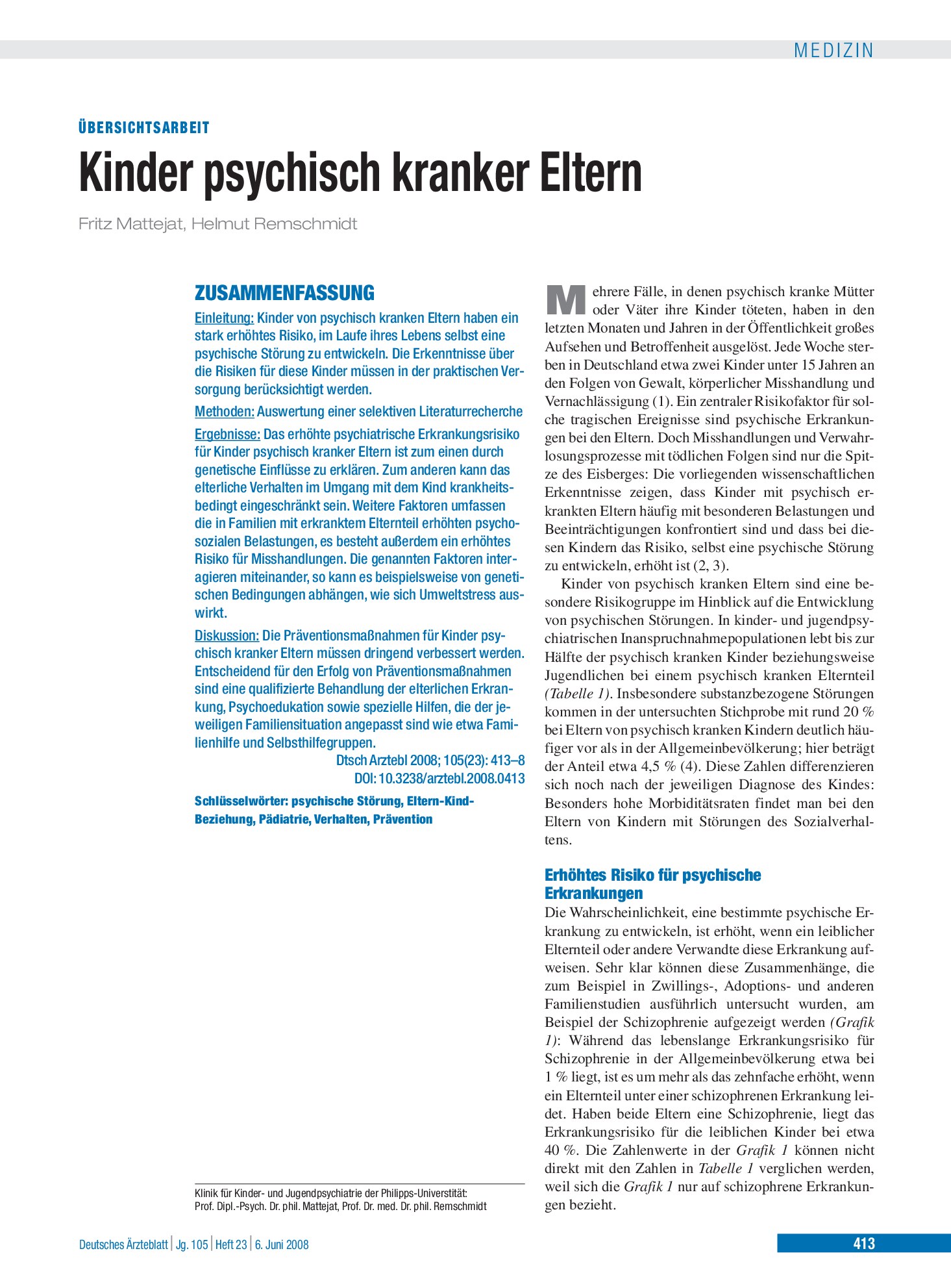 Vorschauseite 1: Kinder psychisch kranker Eltern – Deutsches Ärzteblatt