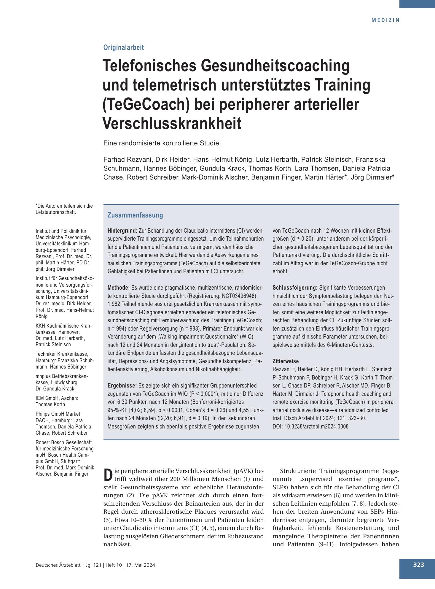 Vorschauseite 1: Telefonisches Gesundheitscoaching und telemetrisch unterstütztes Training (TeGeCoach) bei peripherer arterieller Verschlusskrankheit – Deutsches Ärzteblatt