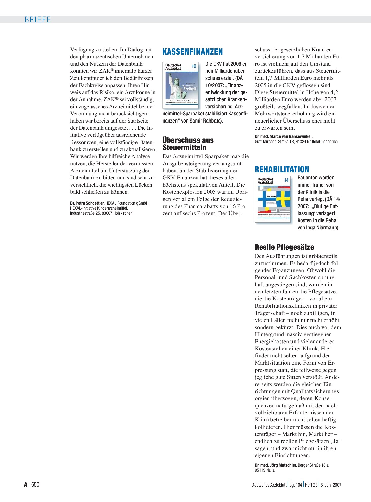 Vorschauseite 1: Rehabilitation: Reelle Pflegesätze – Deutsches Ärzteblatt