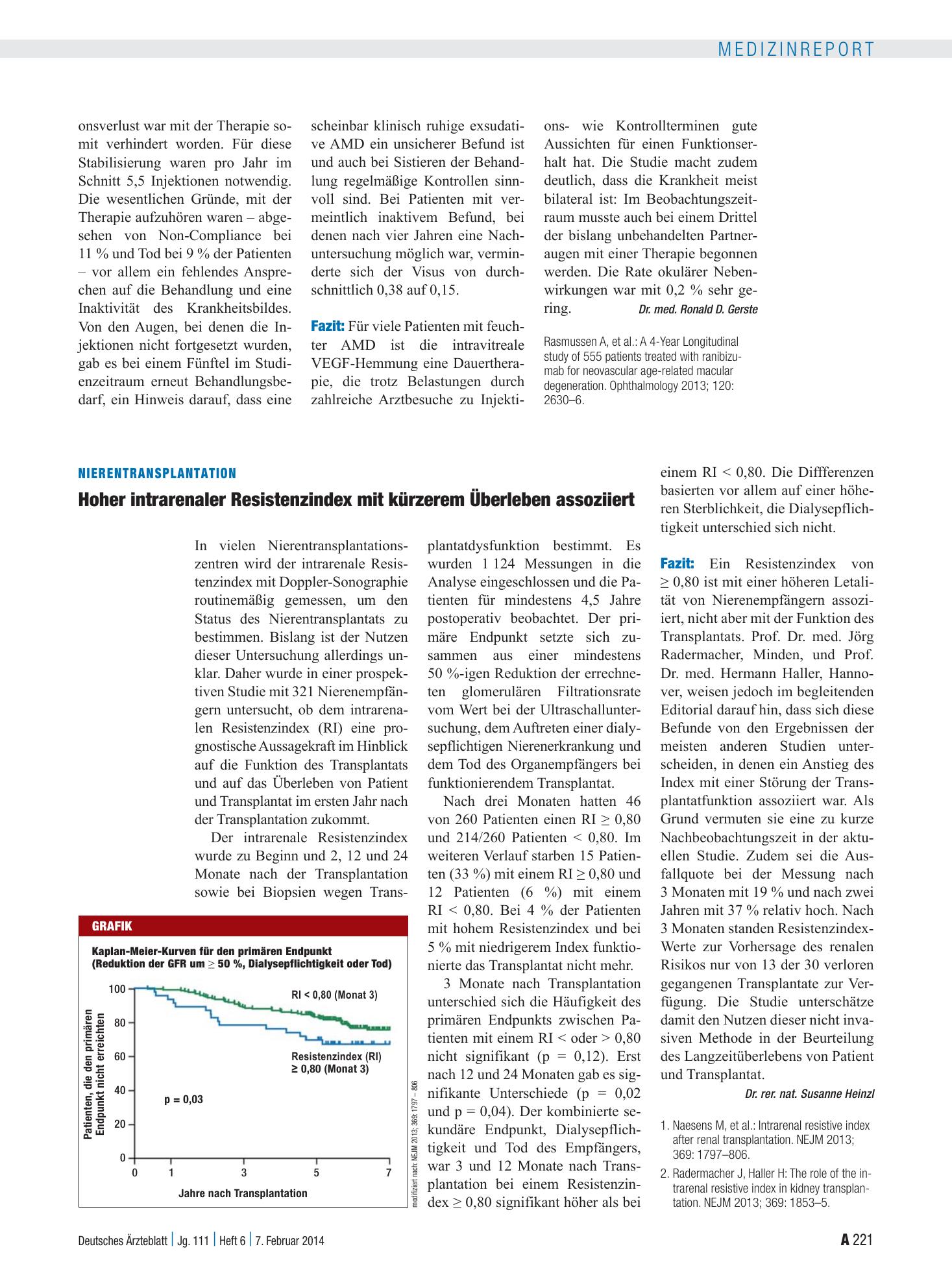 Vorschauseite 1: Nierentransplantation: Hoher intrarenaler Resistenzindex mit kürzerem Überleben assoziiert – Deutsches Ärzteblatt