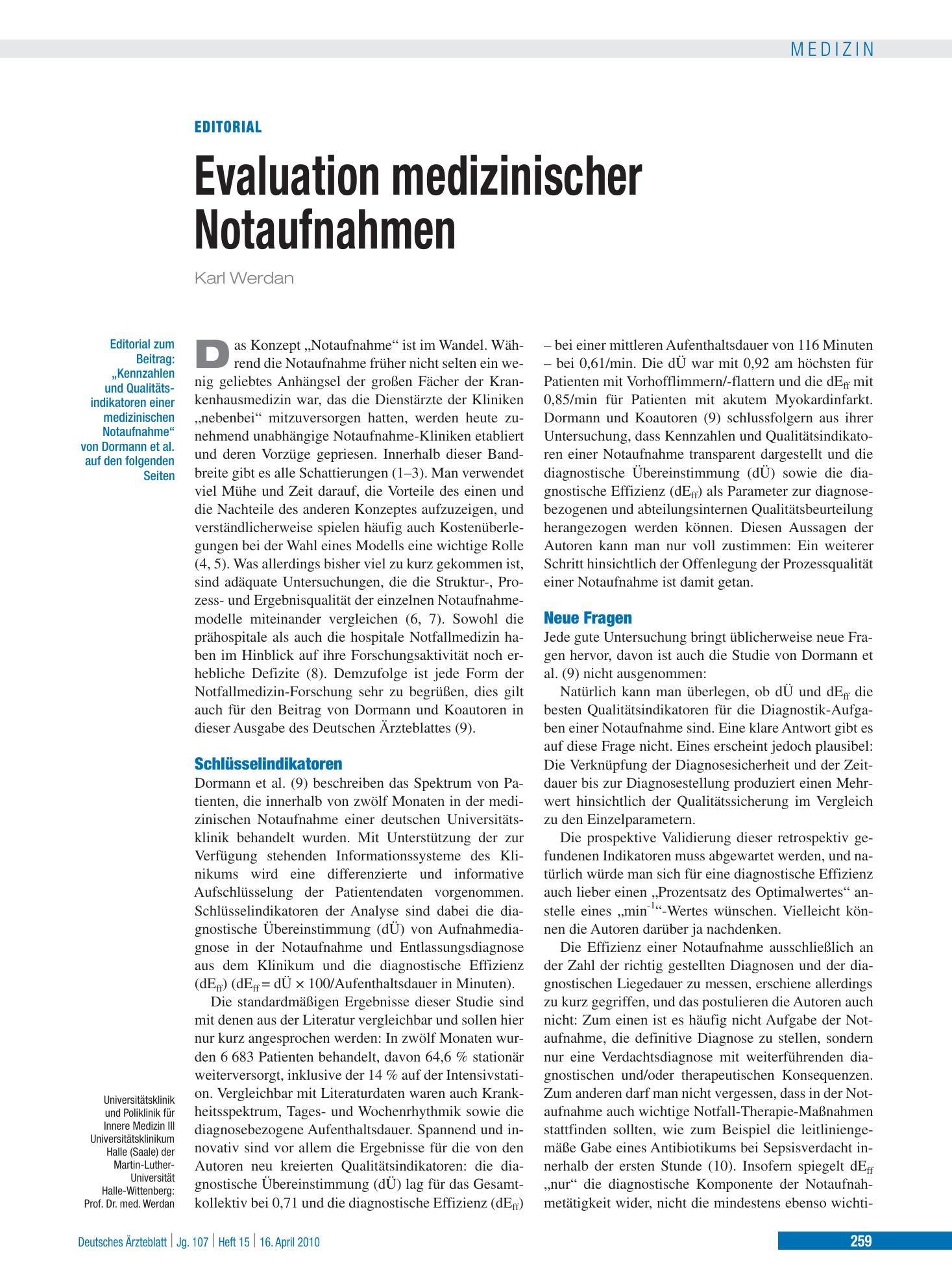 Vorschauseite 1: Evaluation medizinischer Notaufnahmen – Deutsches Ärzteblatt