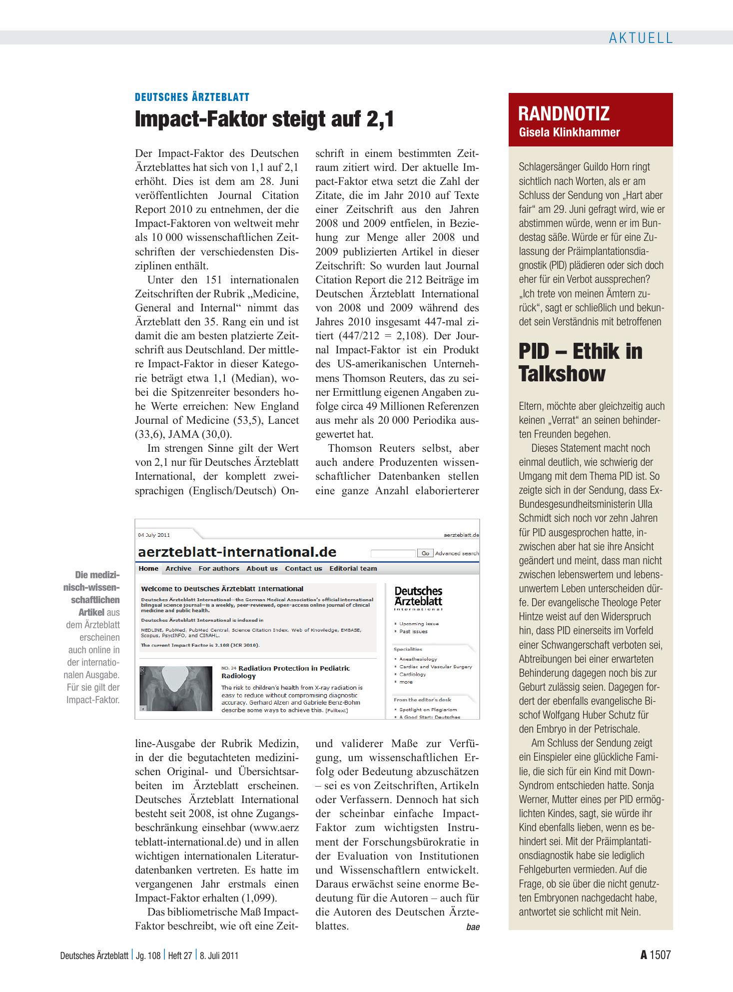 Vorschauseite 1: Randnotiz: PID – Ethik in Talkshow – Deutsches Ärzteblatt
