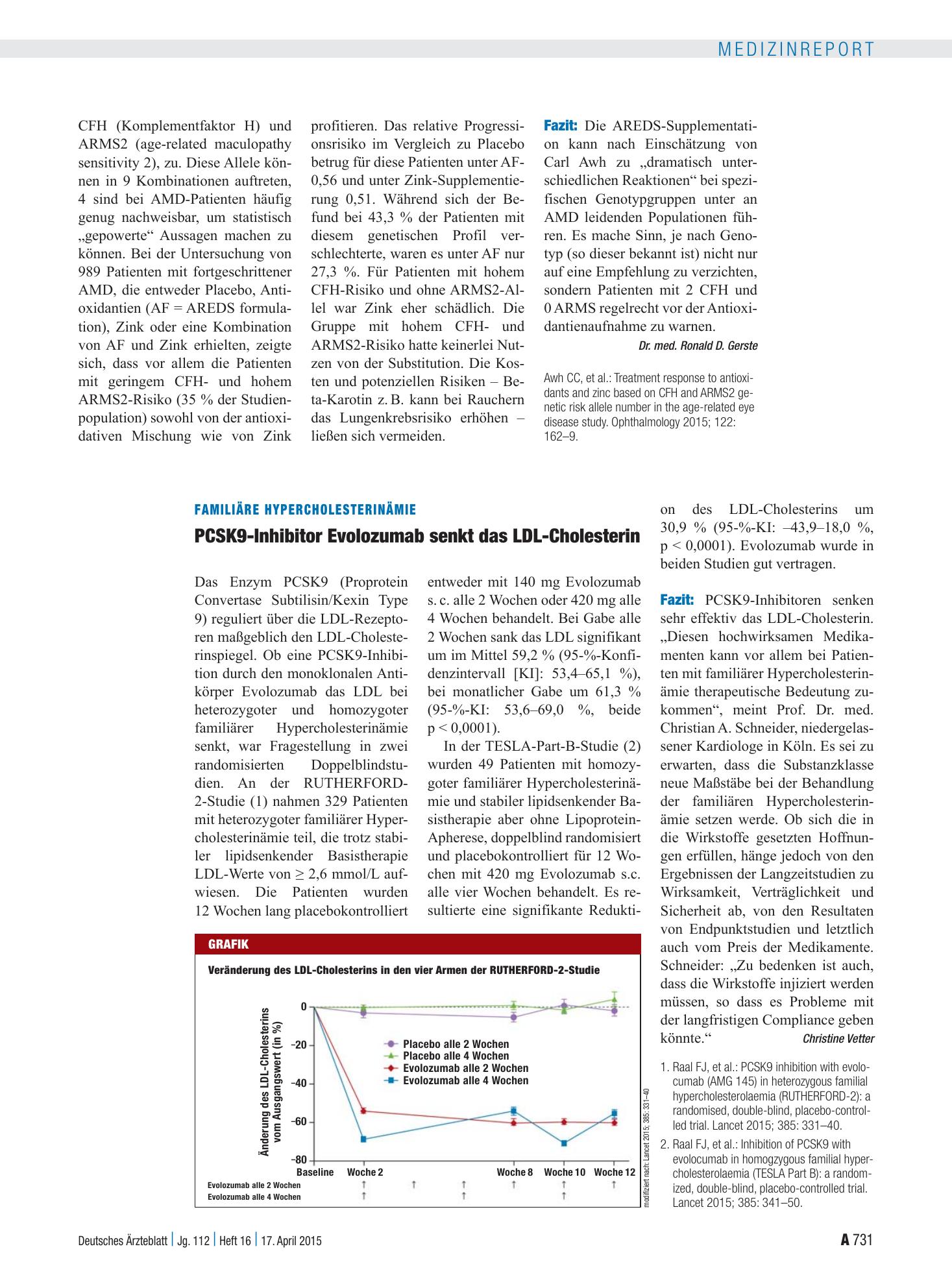 Vorschauseite 1: Familiäre Hypercholesterinämie: PCSK9-Inhibitor Evolozumab senkt das LDL-Cholesterin – Deutsches Ärzteblatt