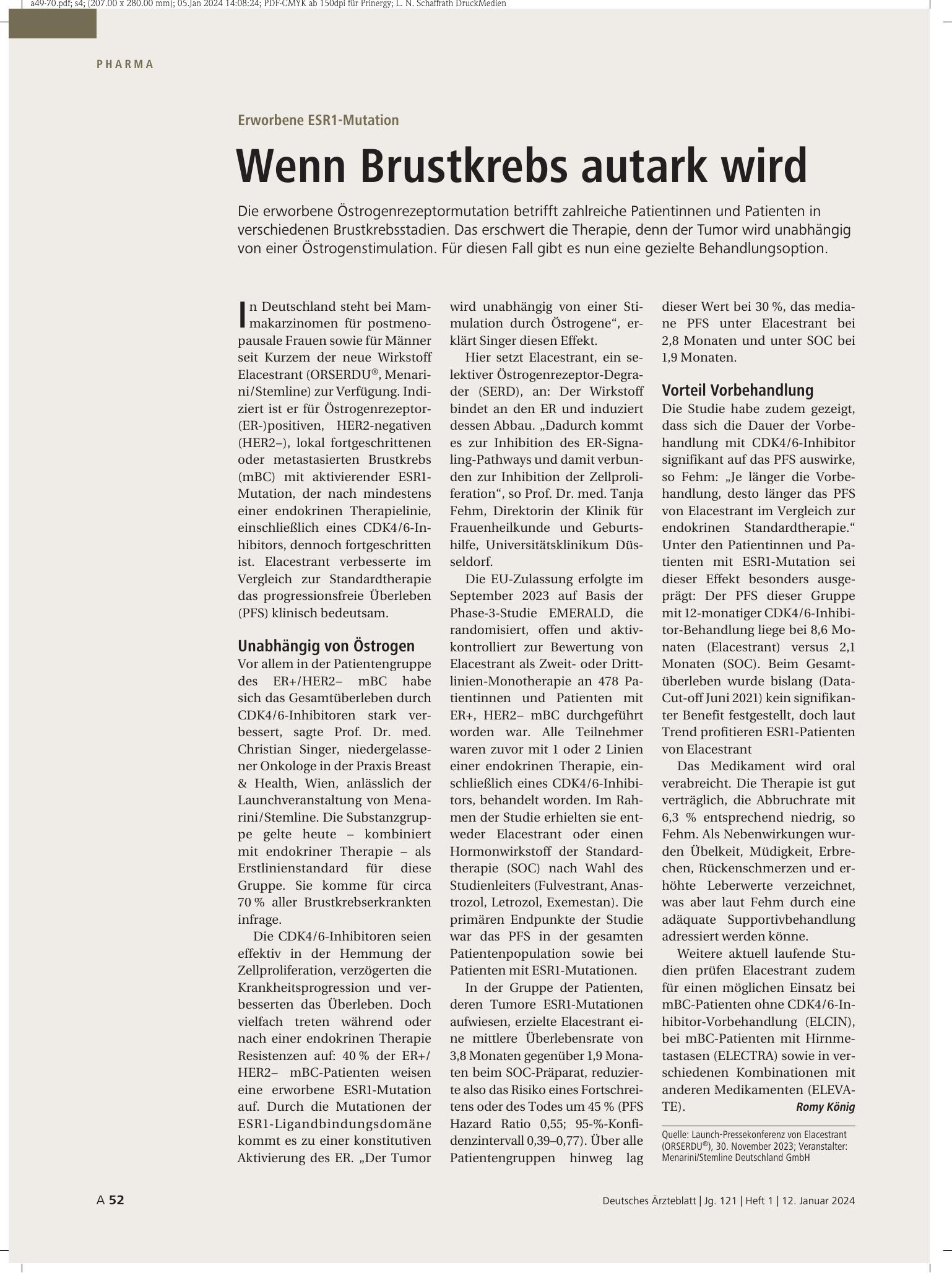 Vorschauseite 1: Erworbene ESR1-Mutation: Wenn Brustkrebs autark wird – Deutsches Ärzteblatt