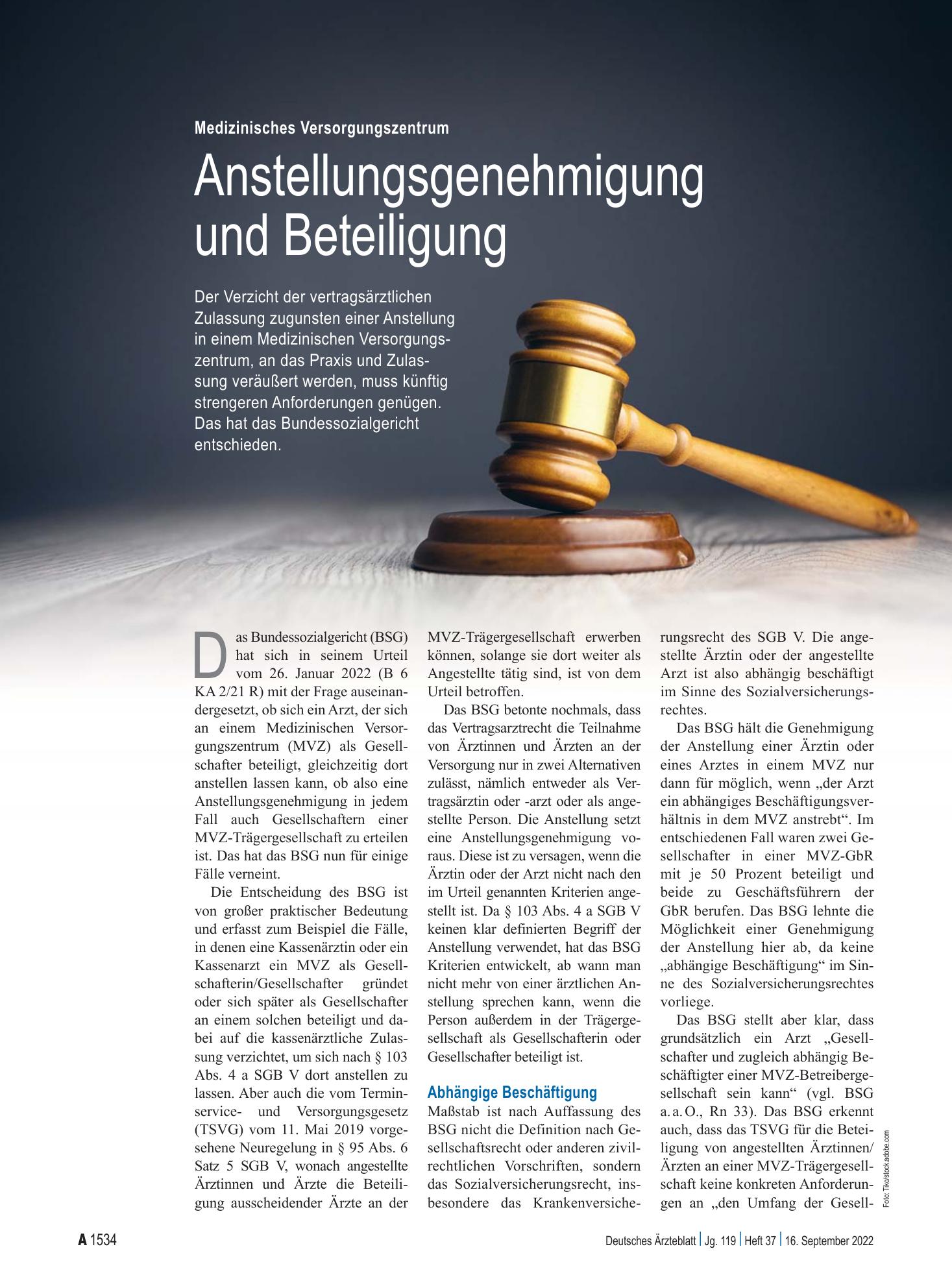Vorschauseite 1: Medizinisches Versorgungszentrum: Anstellungsgenehmigung und Beteiligung – Deutsches Ärzteblatt