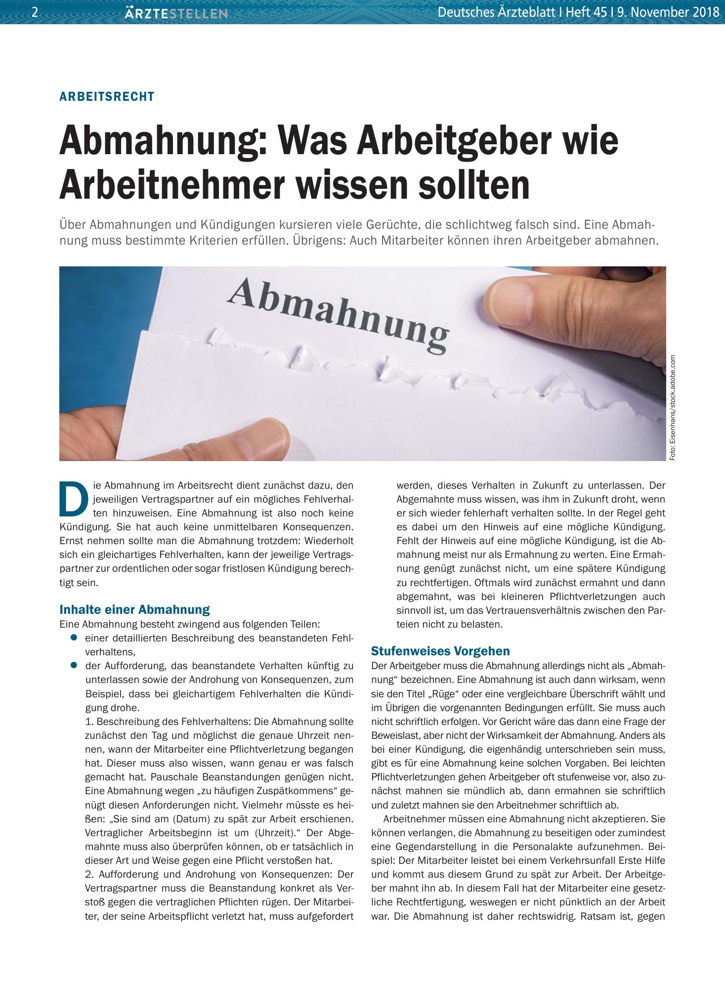 Vorschauseite 1: Arbeitsrecht: Abmahnung – Was Arbeitgeber wie Arbeitnehmer wissen sollten – Deutsches Ärzteblatt
