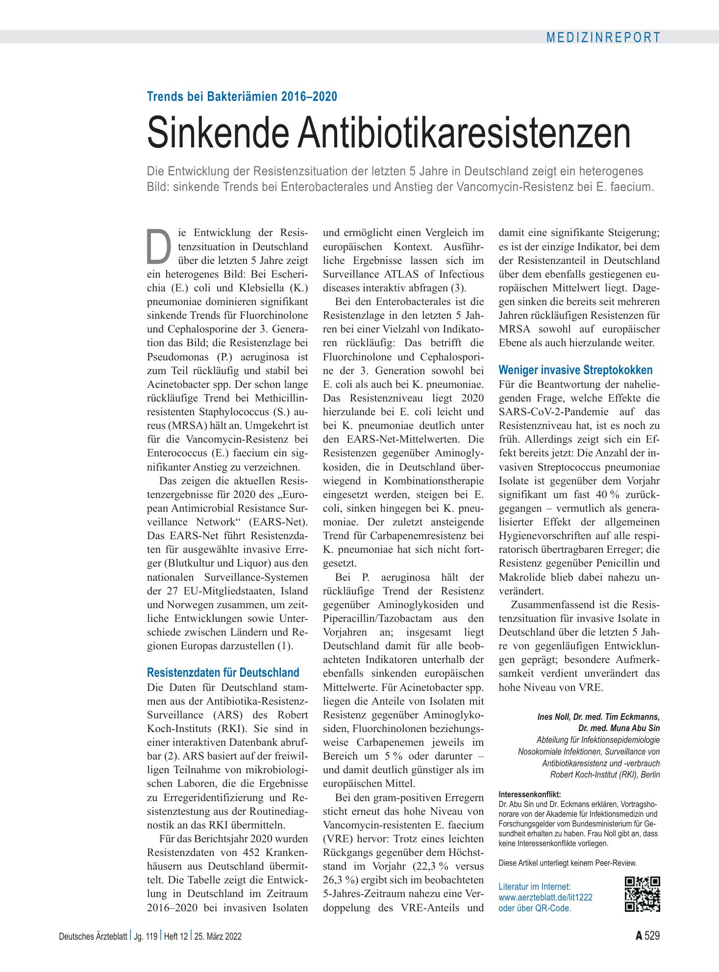 Vorschauseite 1: Trends bei Bakteriämien 2016–2020: Sinkende Antibiotikaresistenzen – Deutsches Ärzteblatt