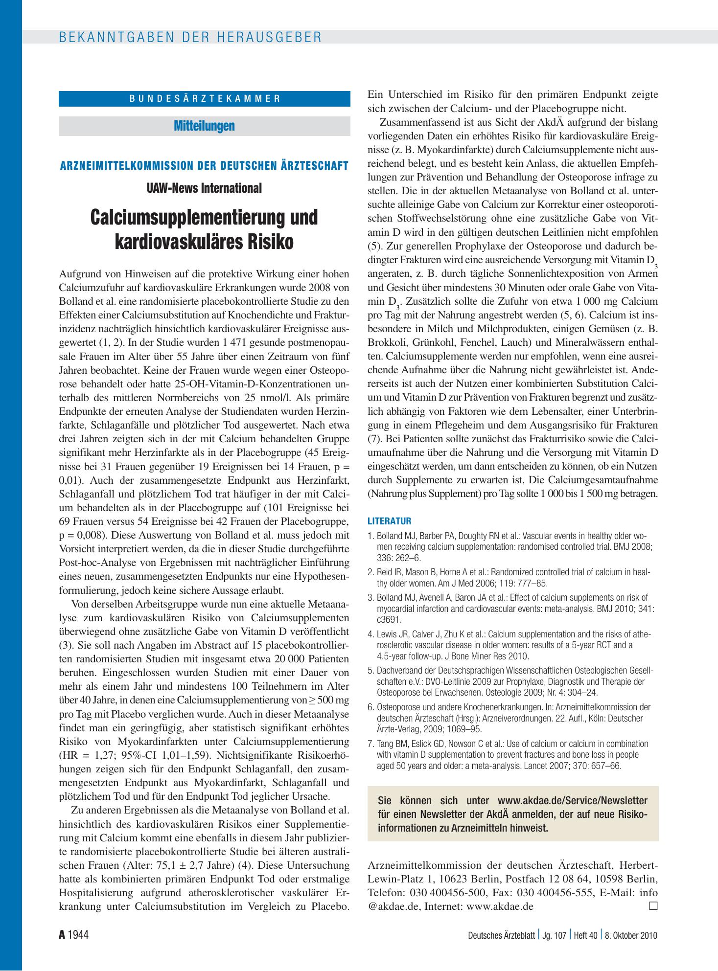 Vorschauseite 1: Arzneimittelkommission der deutschen Ärzteschaft: UAW-News International – Calciumsupplementierung und kardiovaskuläres Risiko – Deutsches Ärzteblatt