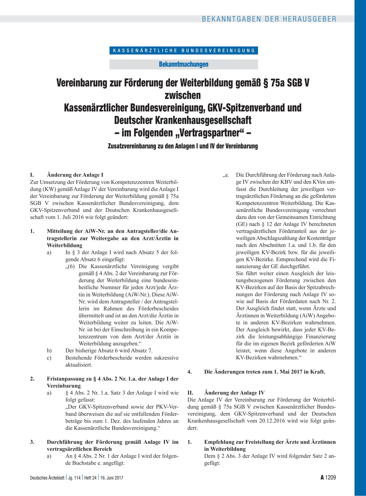 Vorschauseite 1: Vereinbarung zur Förderung der Weiterbildung gemäß § 75a SGB V zwischen Kassenärztlicher Bundesvereinigung, GKV-Spitzenverband und Deutscher Krankenhausgesellschaft – im Folgenden…