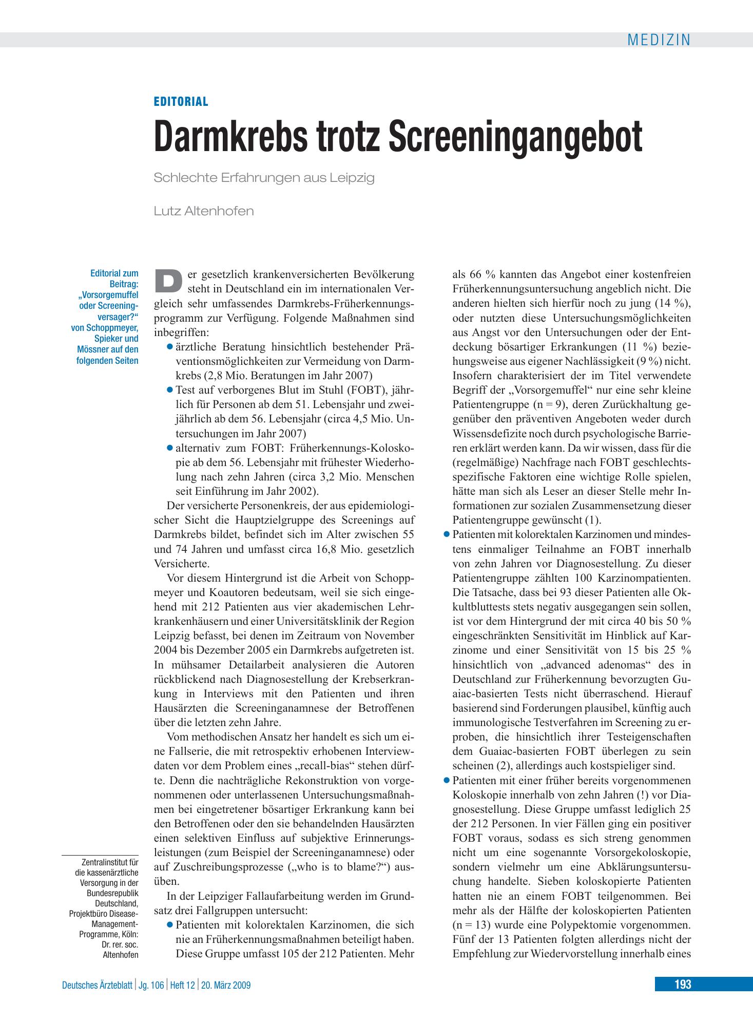 Vorschauseite 1: Vorsorgemuffel oder Screeningversager? Vorsorgeverhalten von Patienten mit kolorektalem Karzinom in der Region Leipzig – Deutsches Ärzteblatt