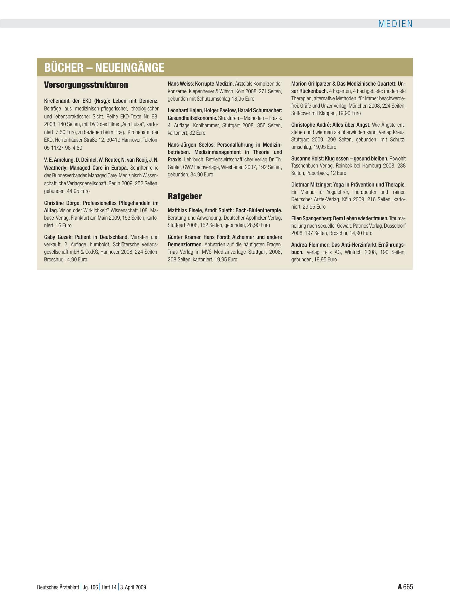 Vorschauseite 1: Bücher – Neueingänge – Deutsches Ärzteblatt