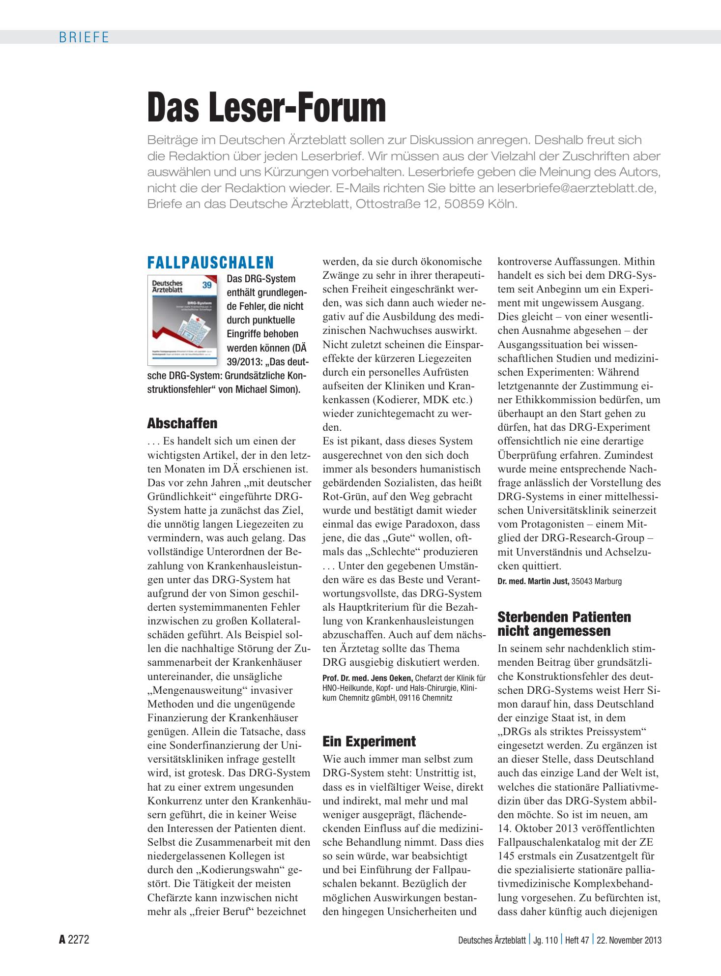 Vorschauseite 1: Fallpauschalen: Ein Experiment – Deutsches Ärzteblatt