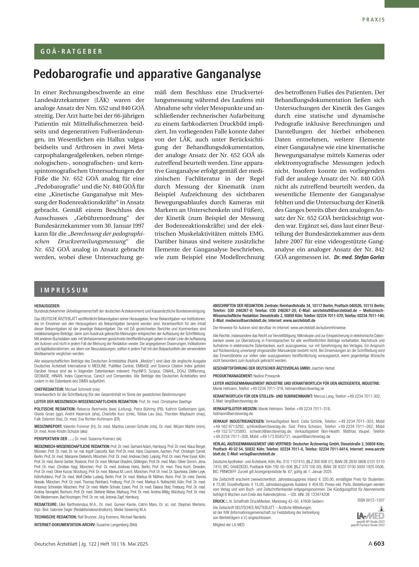 Vorschauseite 1: Pedobarografie und apparative Ganganalyse – Deutsches Ärzteblatt