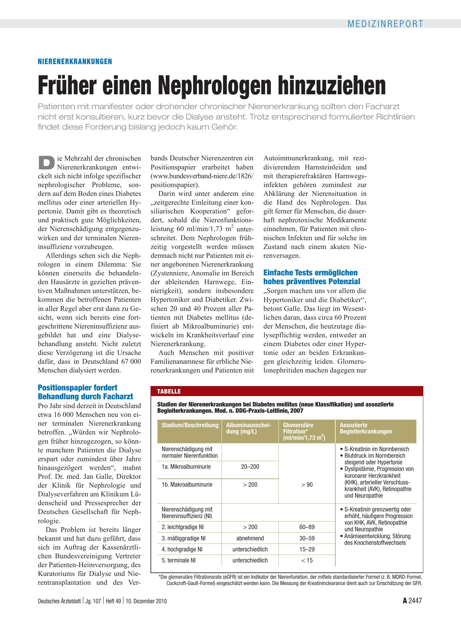 Vorschauseite 1: Nierenerkrankungen: Früher einen Nephrologen hinzuziehen – Deutsches Ärzteblatt