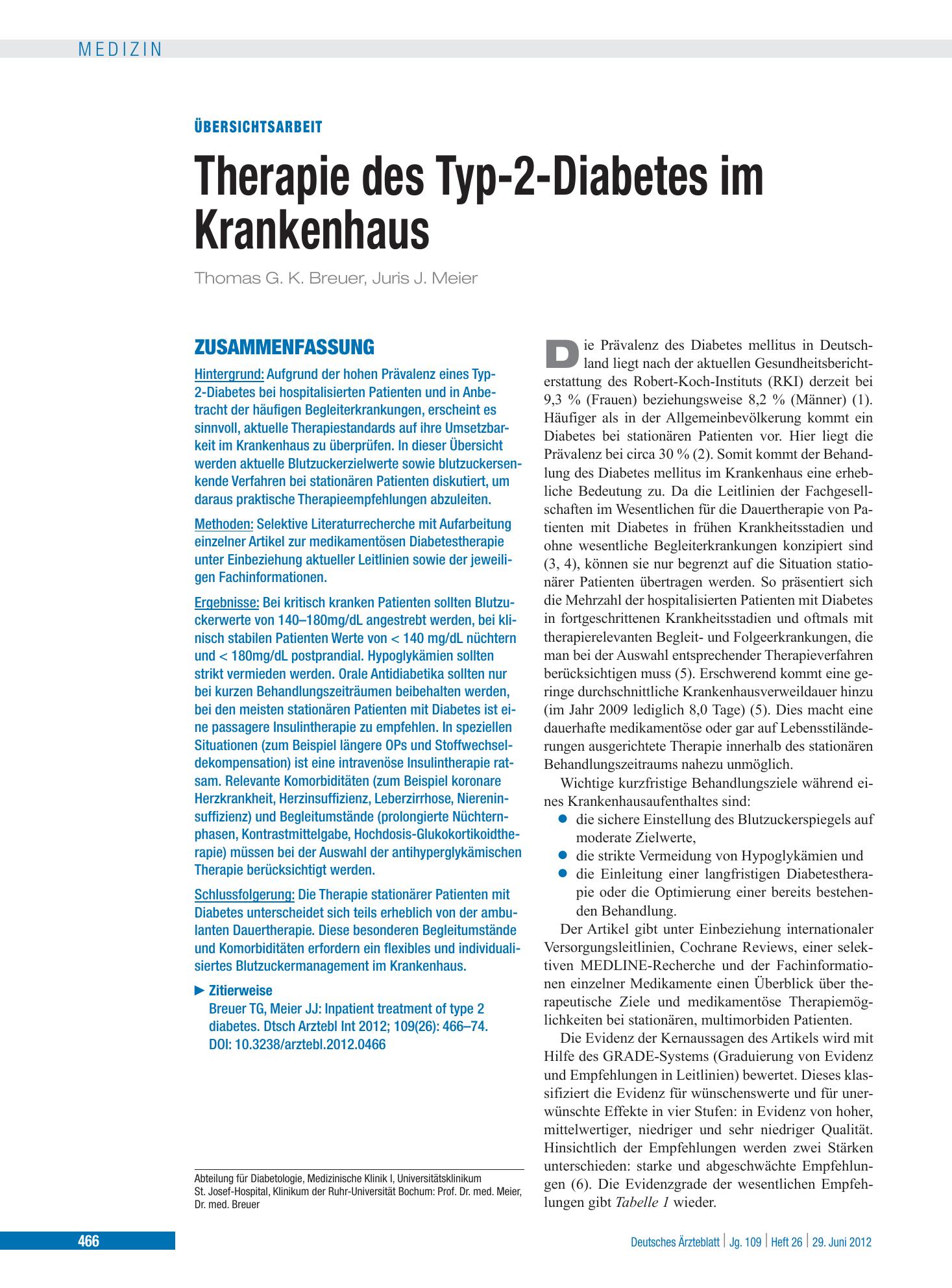 Vorschauseite 1: Therapie des Typ-2-Diabetes im Krankenhaus – Deutsches Ärzteblatt