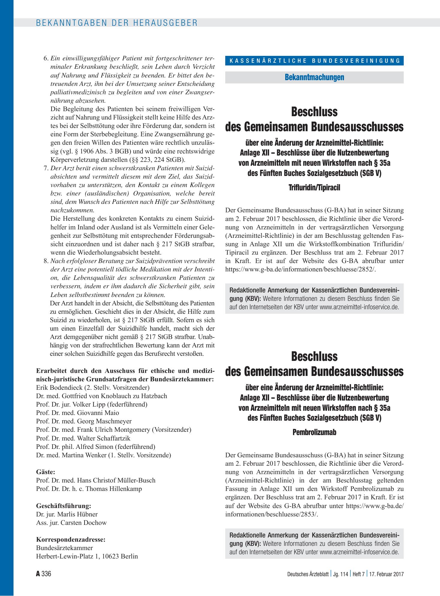 Vorschauseite 1: Beschluss des Gemeinsamen Bundesausschusses über eine Änderung der Arzneimittel-Richtlinie: Anlage XII – Pembrolizumab – Deutsches Ärzteblatt