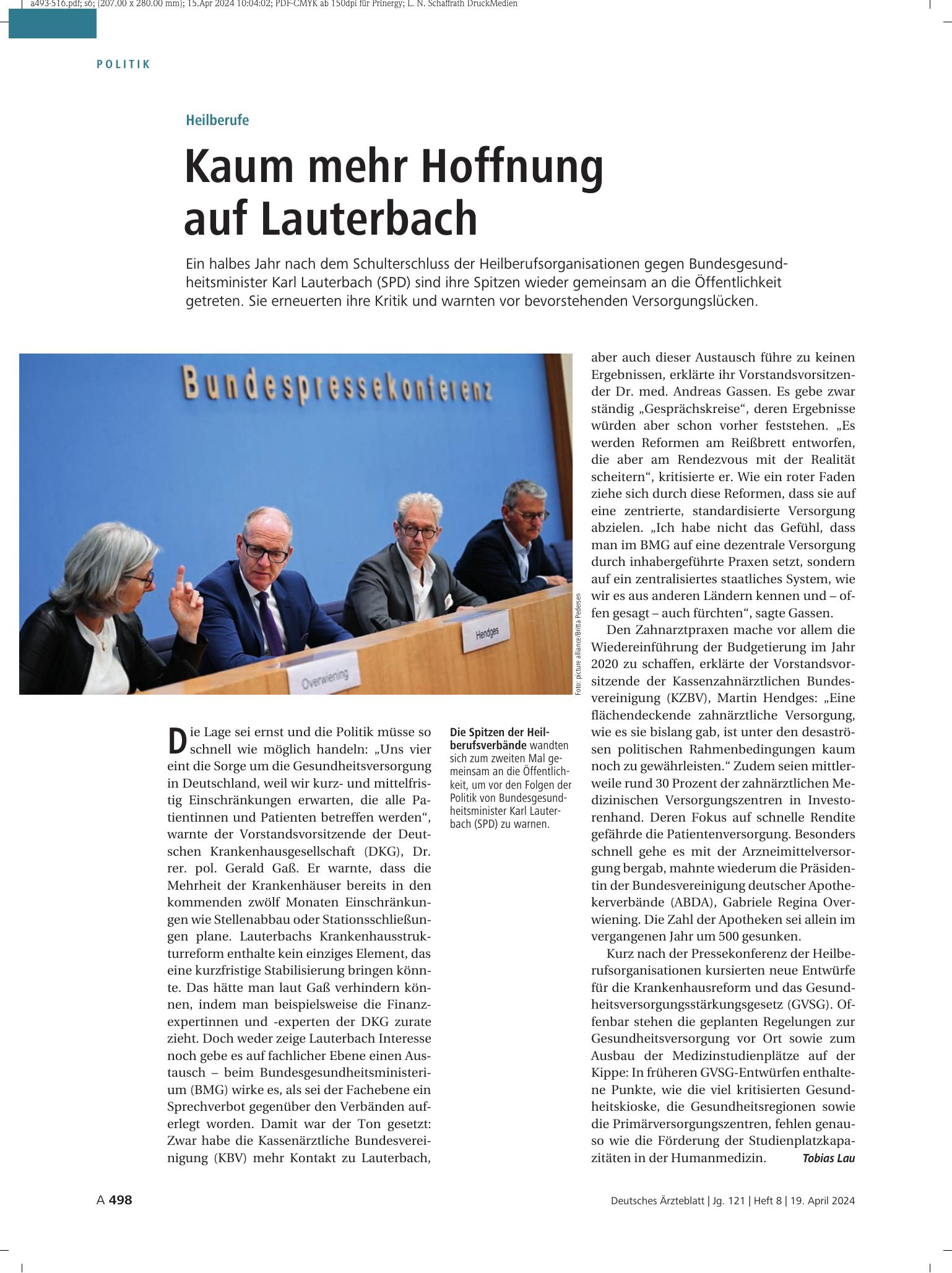 Vorschauseite 1: Heilberufe: Kaum mehr Hoffnung auf Lauterbach – Deutsches Ärzteblatt
