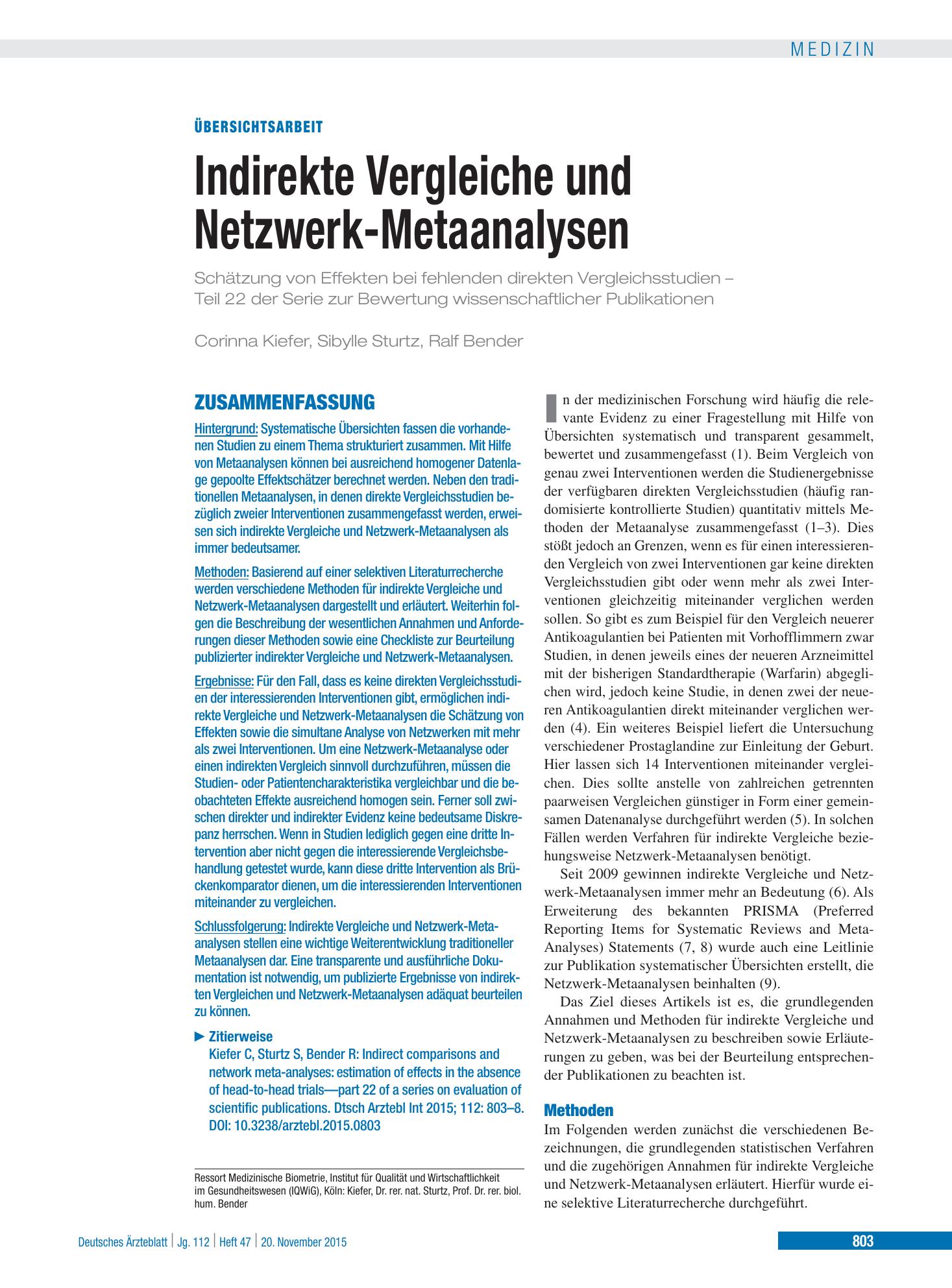 Vorschauseite 1: Indirekte Vergleiche und Netzwerk-Metaanalysen – Deutsches Ärzteblatt
