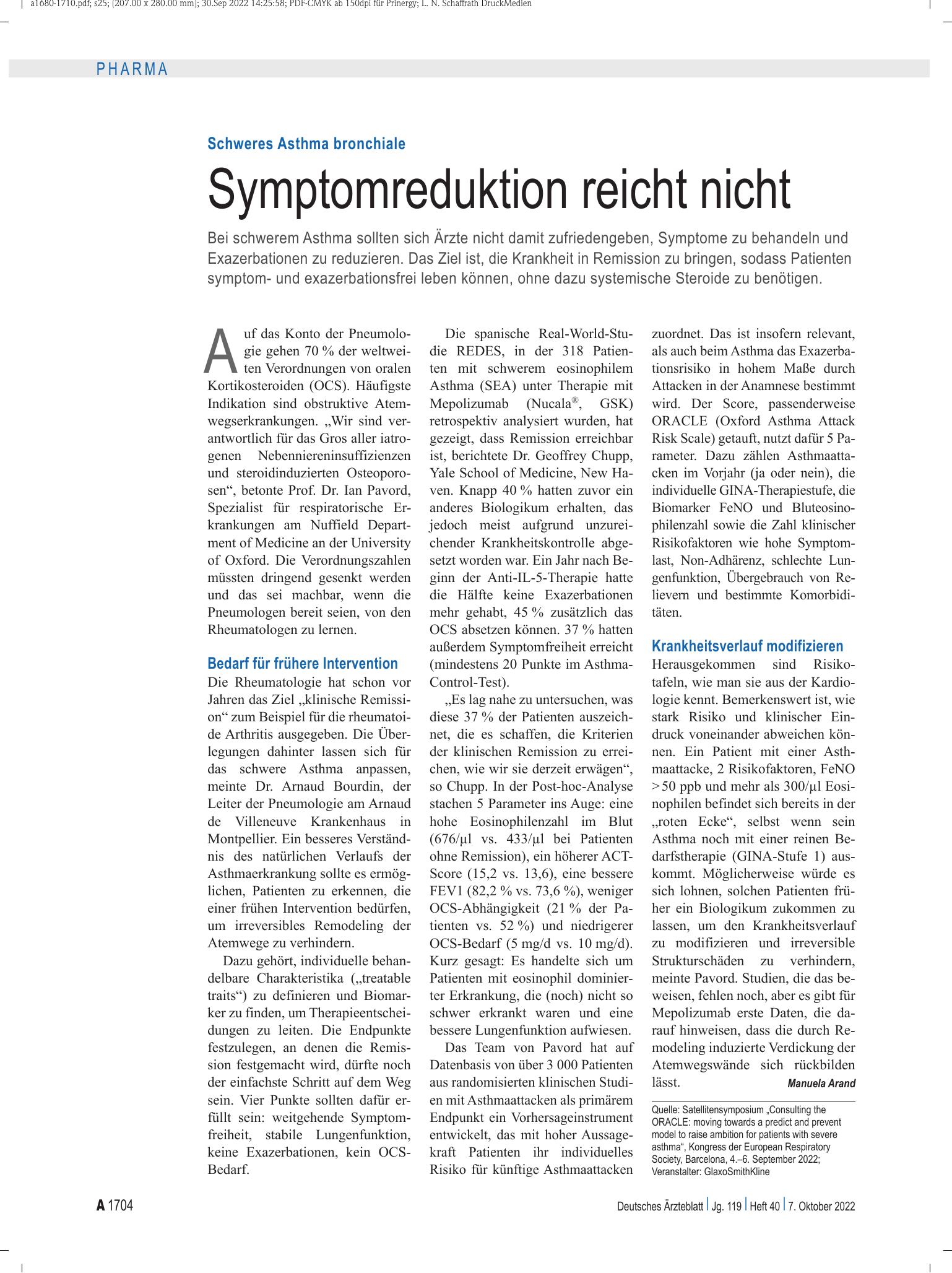 Vorschauseite 1: Schweres Asthma bronchiale: Symptomreduktion reicht nicht – Deutsches Ärzteblatt