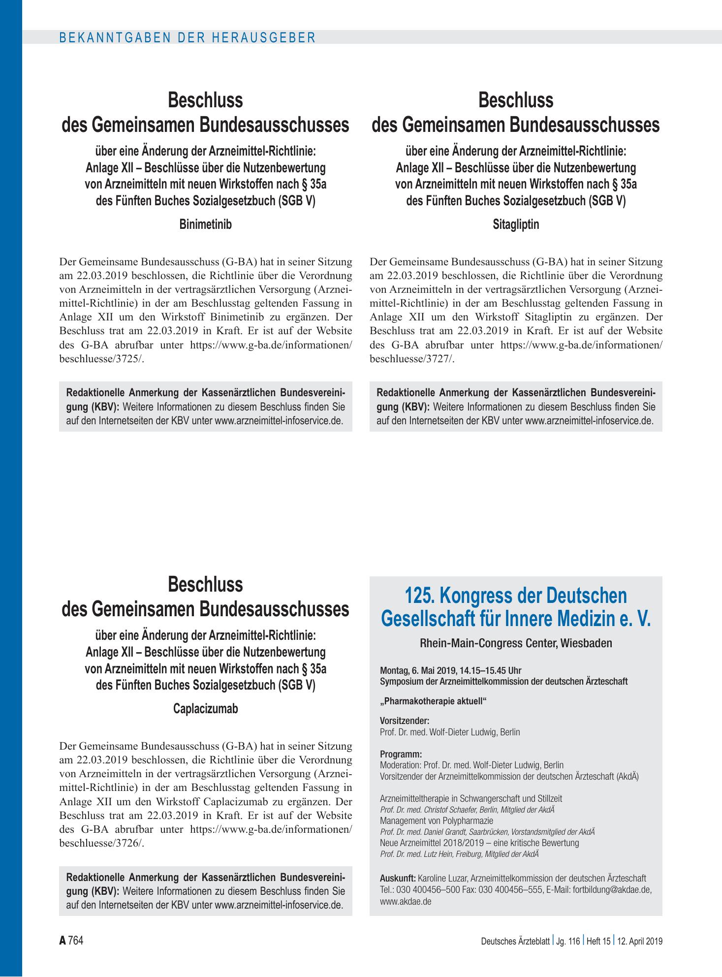 Vorschauseite 1: Beschluss des Gemeinsamen Bundesausschusses über eine Änderung der Arzneimittel-Richtlinie: Anlage XII – Binimetinib – Deutsches Ärzteblatt