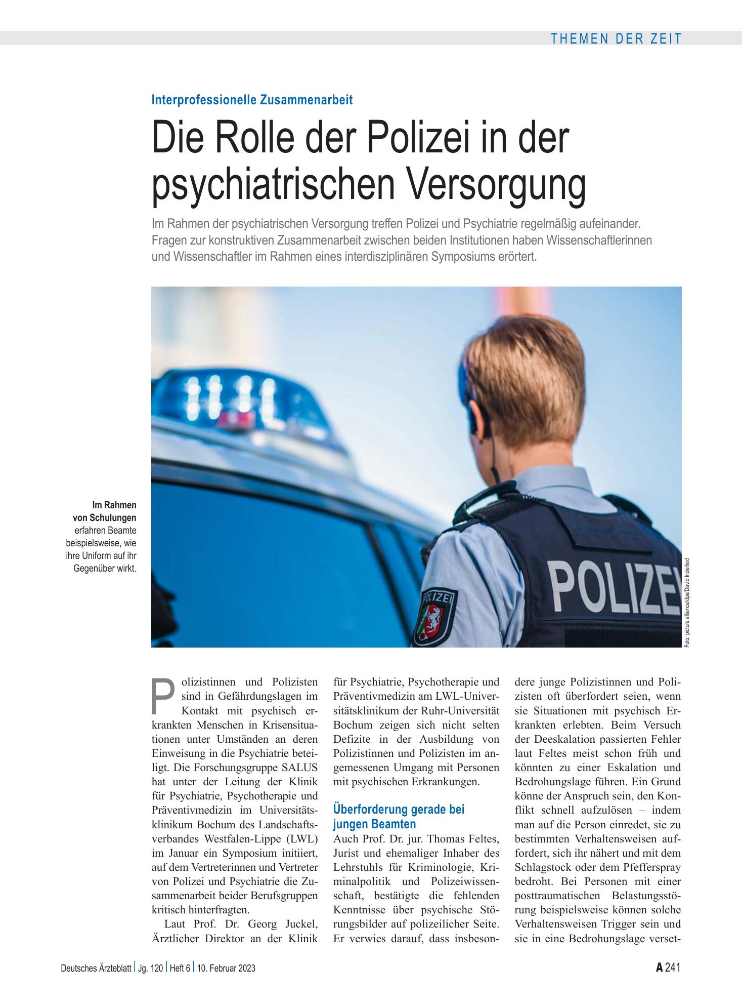 Vorschauseite 1: Interprofessionelle Zusammenarbeit: Die Rolle der Polizei in der psychiatrischen Versorgung – Deutsches Ärzteblatt