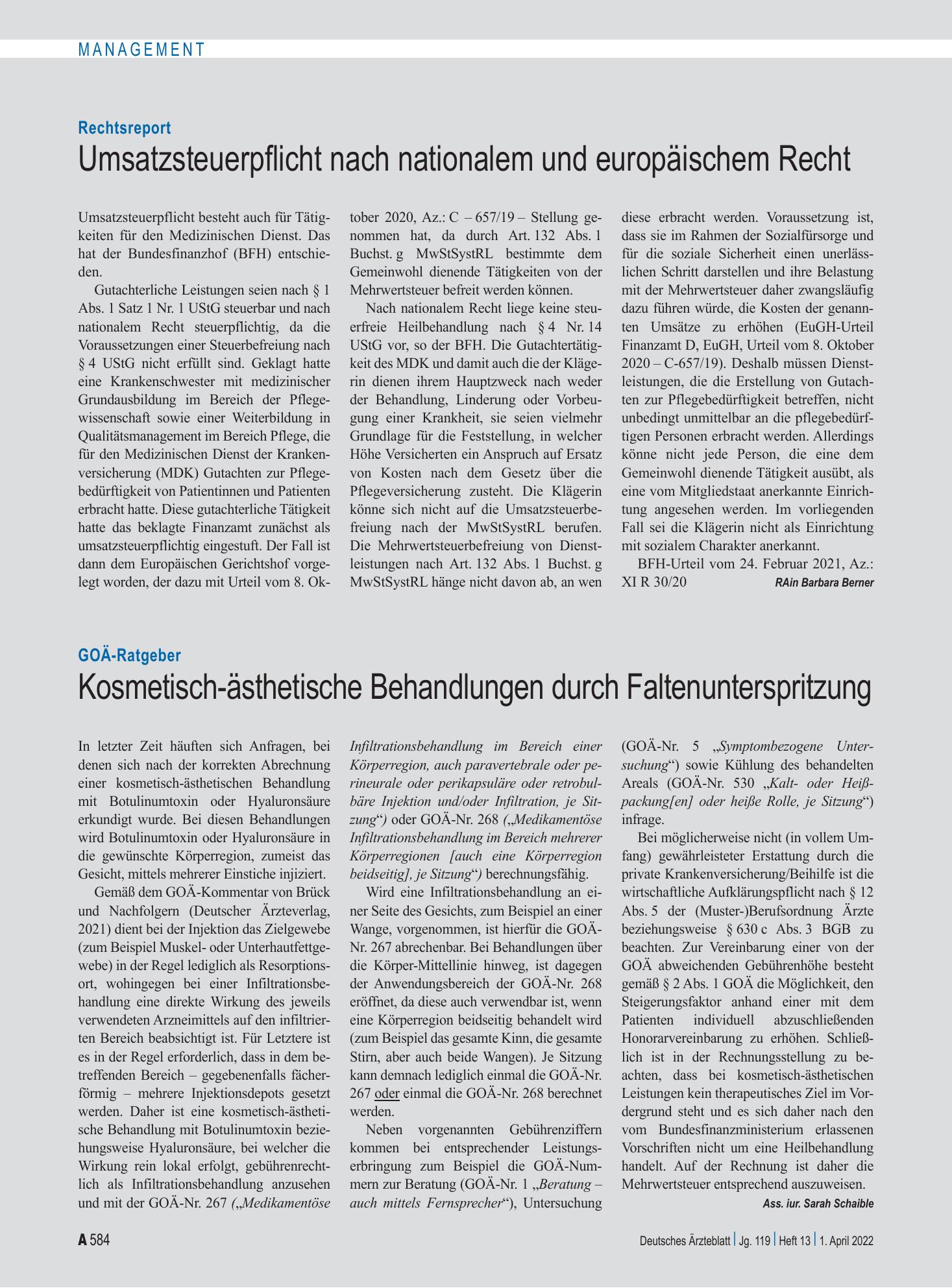 Vorschauseite 1: Rechtsreport: Umsatzsteuerpflicht nach nationalem und europäischem Recht – Deutsches Ärzteblatt